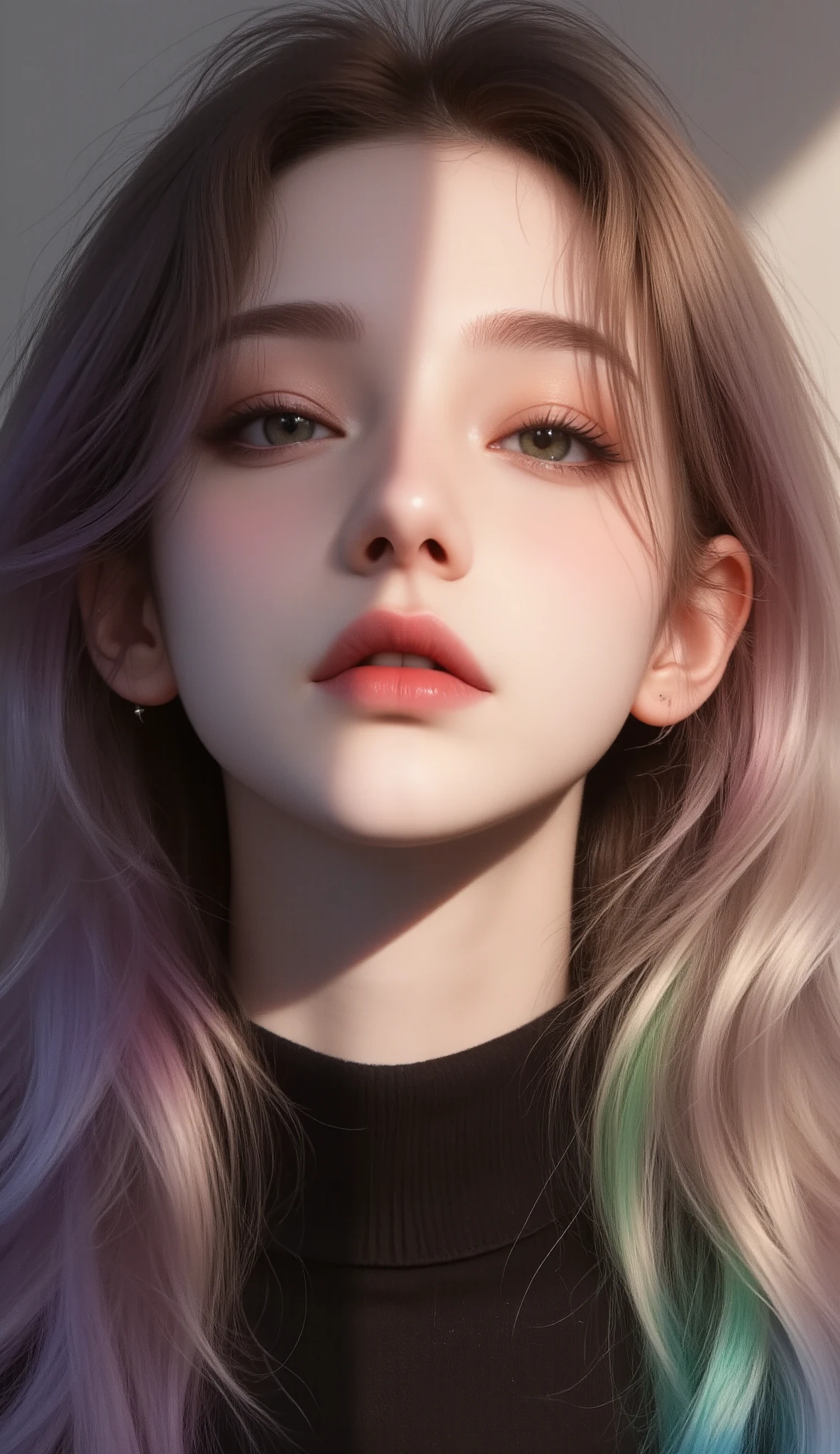 ( large silhouette top with colorful colors, casual clothing and mode type :1.0), 8k wallpaper, wonderful, (masterpiece), ( top quality), ( Very detailed ), (illustration), ( extremely delicate and beautiful ),dynamic angle,rainbow hair , Detailed and cute face , extremely delicate and beautiful girl,