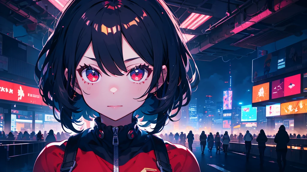 1girl, short hair, red eyes, tummy, nature, Japan, neon, glow, colourful, night, starry sky, cyberpunk, sci fi, absurdres, high res, ultrasharp, 8k, masterpiece