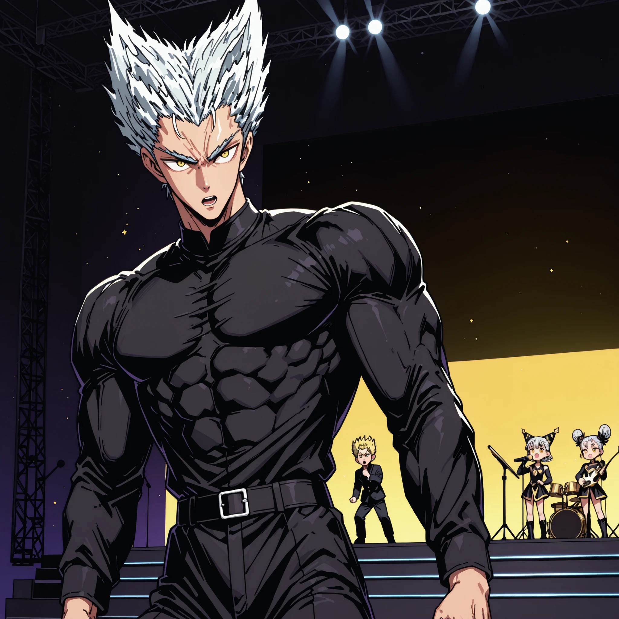 Clean background with silver hair and yellow eyes, Sexy Hari Line,  firm body , suitable muscle,  young man, One Punch Man[garou]. Garou illustration, high definition, On stage, Singing a Song, singer-songwriter , black stage suit, fantasy clothes