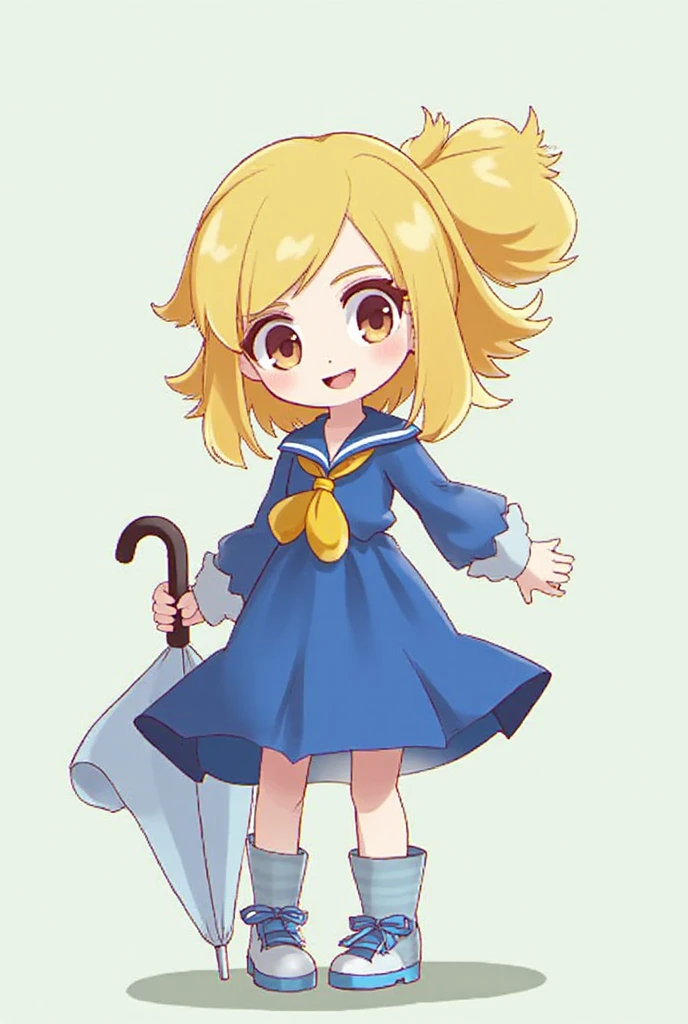 can you draw a  in a pvc yellow rain coat and red umbrella drawn by sowsow, the  has large breasts and is about 70 years of age, mature woman, tall veru large breasts, short blue ,