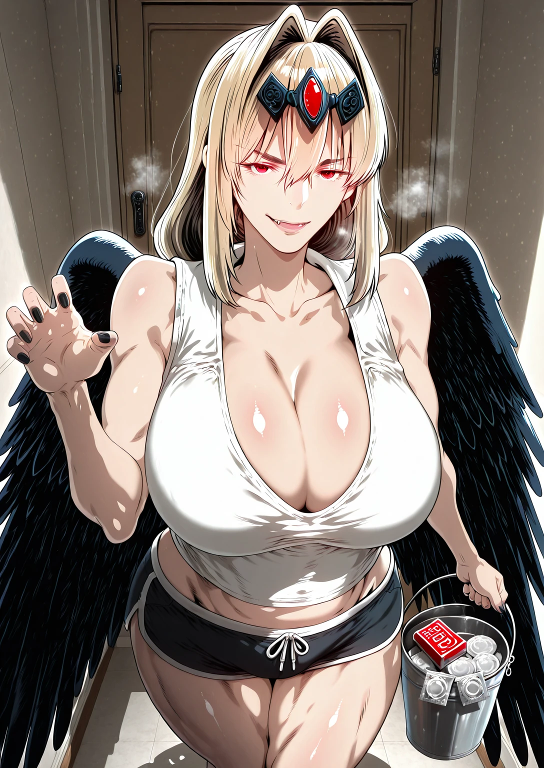 Babu-style, Hgk, (butcha-u-style:1.2), (imizu_(nitro_unknown)-style:1.4), (gin_moku-style:1.2), (takeuchi_takashi-style:1.3), (anime coloring, anime screencap), shiny skin, (voluptuous body:1.4), (mature female:1.4), (cellulite:1.3), ((anatomical correct)), ((Cinematic, unreal engine, eye-catching, ambient occlusion, UHD, masterpiece)), ((perfect lighting, soft shadow)), perfect body, perfect eyes, perfect fingers, gasping, heavy breathing, gasping profusely, ((skindentation)), ((curvy)), ruphas mafahl, blonde hair, red eyes, hair between eyes, long hair, hair intakes, feathered wings, large wings, black wings, headpiece, plump, ((vignetting)), hearts, pleasured, 1girl, breasts, mature female, solo, White shirt, sleeveless, standing, claw pose, holding bucket, looking at viewer, fangs, smirk, collarbone, condom, condom box, thighs, curvy, hallway, dim light, black nails, dolphin shorts, short shorts,pink shorts,