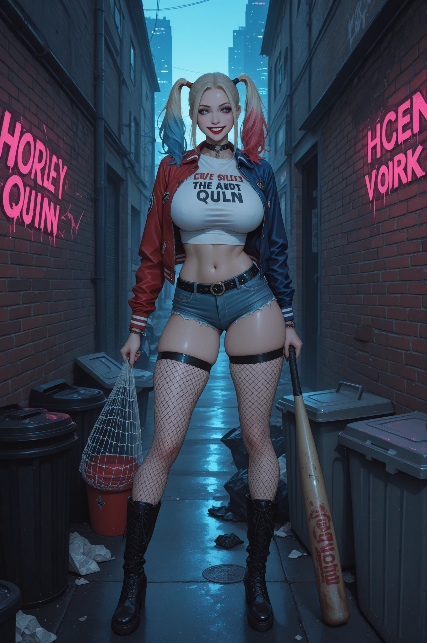 masterpiece, best quality, highres, (bloom:1.1), blurry, sidelighting, shadow, lighting, 3d, 
1girl, harley quinn, suicide squad, red lips, blue eyes, blonde hair, blue hair, green hair, long hair, pink hair, gradient hair, twintails, lipstick, thick lips, puffy lips, facepaint, black eyeshadow, solo,
looking at viewer, feet out of frame, sideways glance, head tilt, smirk, three quarter view,
weapon over shoulder, holding baseball bat, hand up, stepped on, stepped on box, middle finger, 
crop top, short sleeves, multicolored shirt, gradient shirt, denim shorts, short shorts, fishnet pantyhose, high heel sneakers, white footwear, midriff,
curvy, , wide , thick thighs,
outdoors, night, dark alley, neon lights, skyscraper, city, clouds, shiny skin, shiny clothes, wet, glowing, moonlight,
 <lora:3DStyle NoobAIXL Epsilon V2 noActTag 0.75:1> 5 fingers