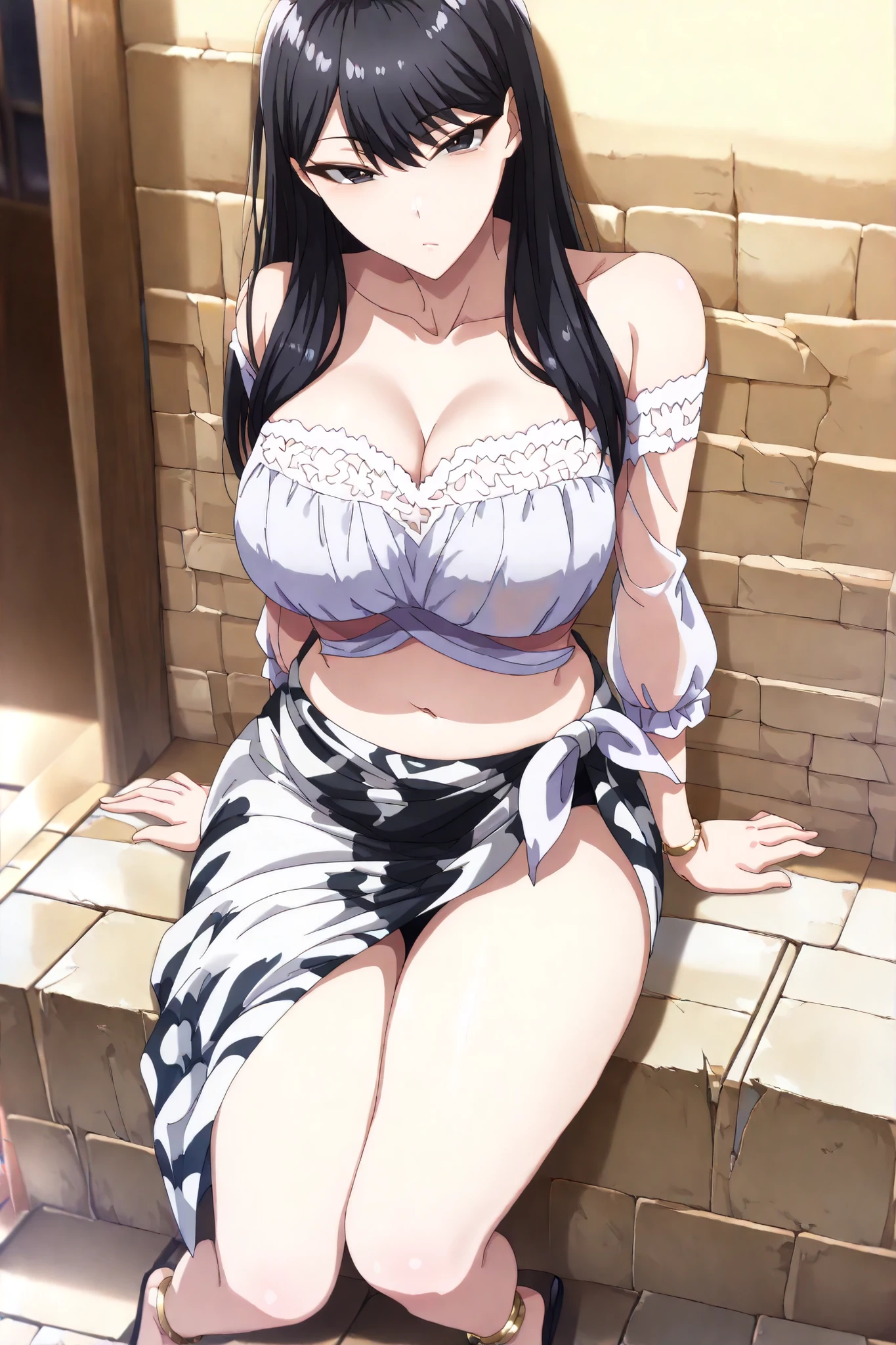 masterpiece, best quality, , cinematic lighting, amazing quality, very aesthetic, absurdres, best quality, 4k, upscale, Hikari Kuroda, large breasts,solo, , expressionless, tsurime eyes, 1girl, (((sitting sideways on cracked brick steps, wearing a translucent ivory lace top with off-shoulder neckline and scalloped hem, paired with Red satin wrap sarong with thigh-high slit, soft folds of lace catching the warm light, gold anklet visible, loose hair cascading over one shoulder, sultry gaze, background blurred old wall, anime screencap tone, (masterpiece:1.3), (best quality)HikariKuroda,1girl,black hair,long hair,black eyes,large , looking at viewer)))