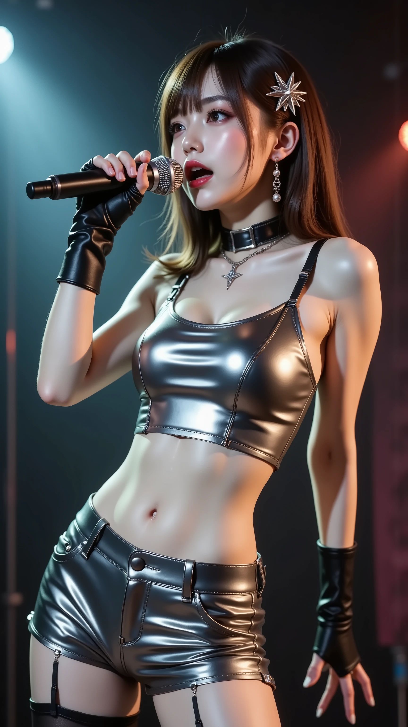 mature woman, Beautiful woman、(Sweat,vapor, Vulgarity), (( long maxi sweater dress))、big cleavage、tight clothes、(full shot, /red eyeliner/、/fluorescent pink glossy lipstick/)、long shot, Beautiful depiction、knowledgeable person、detailed background、quality people々、high quality face、Ultra-high-definition animation、(beautiful black hair:1.8)、earrings、clavicle、(((big breasts)))、Wet, loose clothes, (((A tight dress that shows off your body lines、))), background bokeh、detailed background、((Sing loudly in front of a microphone stand、open your mouth wide、Screaming))、sing on stage、Laser beam、Huge screen、Spotlight、live house、With a live band behind、