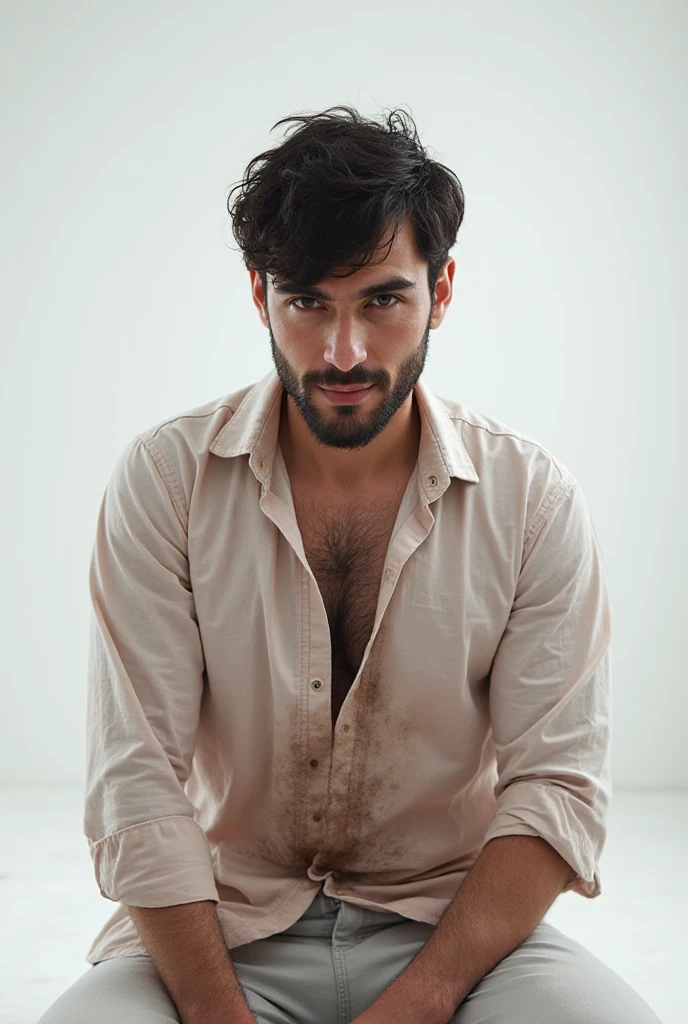 Homem elegante sentado no banco de um supercarro, homem jovem, Vestindo um terno com a virilha mostrando o pau para cima., Imagem realista, cabelo escuro, sem barba