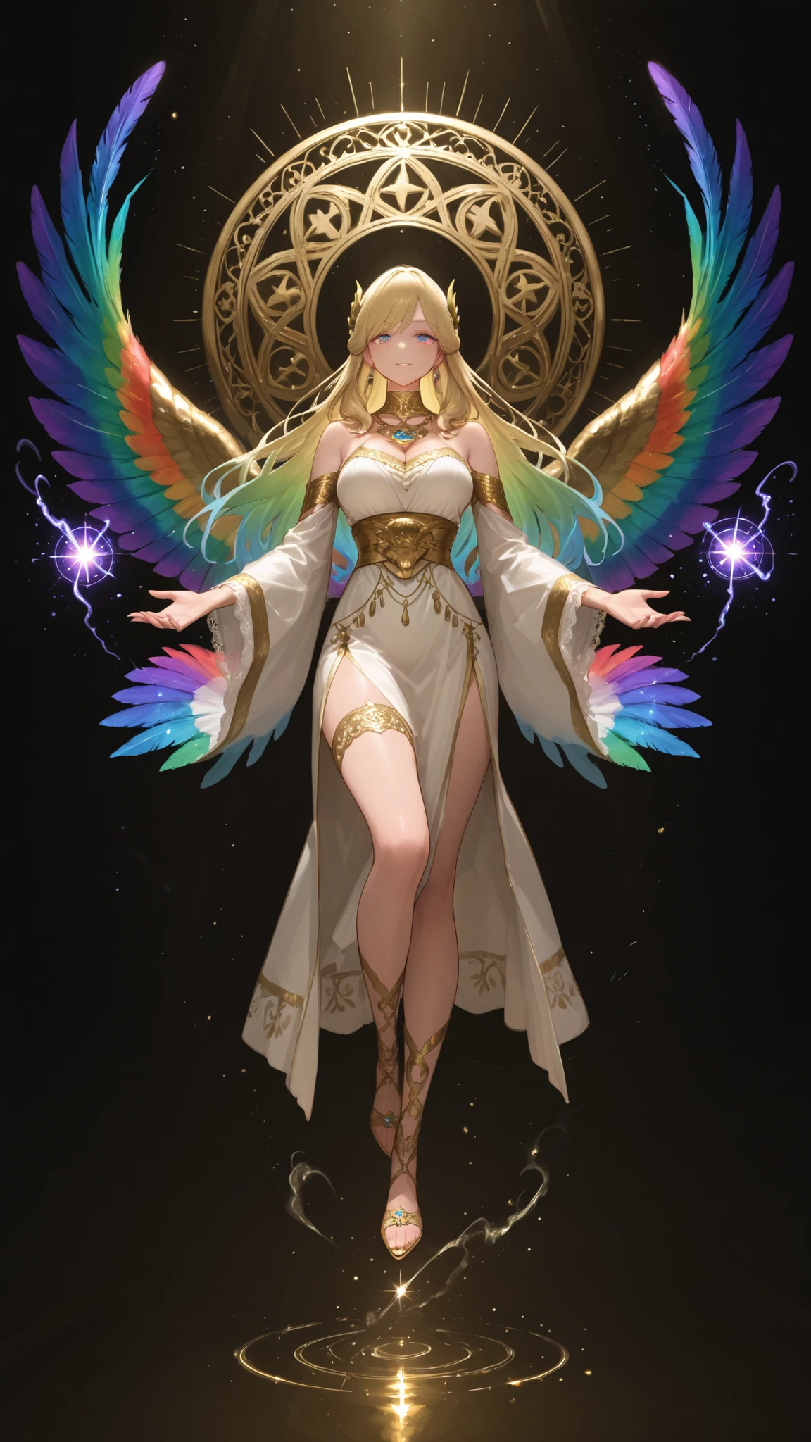 Beautiful Goddess 、Ancient palace、Big rainbow feather pen、holy light、several magic circles floating in the air、gorgeous lace and trim、Mysterious Atmosphere、Gold Decor 、Fantastic Light Effects、spectacular space