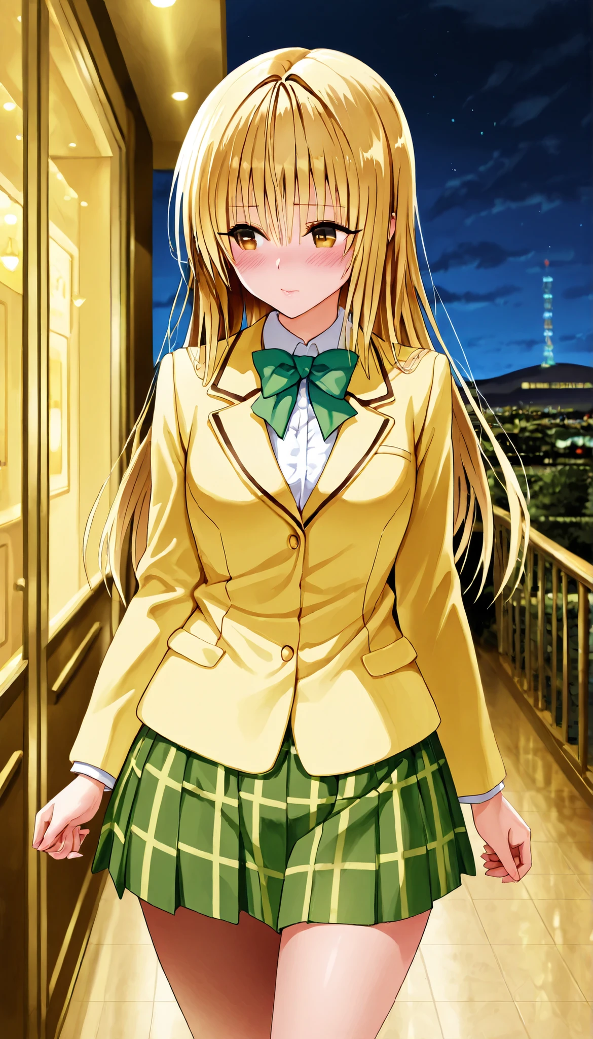 masterpiece, best quality, highres, 1girl, solo, blonde straight hair, brown eyes, sainan school winter uniform , blazer, yellow jacket, long sleeves,white frill shirt ,plaid skirt,green bowtie, green skirt, night ,thigh,walking in hotel town, from front,closed mouth ,glossy lips,cowboy shot,blushing