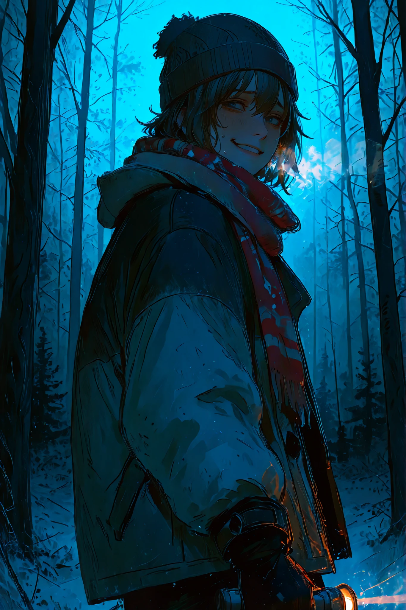 pseudo-realistic, semi-realism, realism, realistic ,748cmstyle,A young woman standing at the edge of a dark forest at night, turning her head to look back at the camera with a nervous smile and a small sweat drop on her cheek. She holds a flashlight in one hand, its beam cutting through the fog and trees ahead. She wears a thick winter jacket, a beanie, gloves, and a scarf, with visible breath in the cold air. Her mouth is slightly open, as if saying, “We’re really going in there?” The background is filled with dense trees, faint mist, and dim moonlight. Cinematic composition, mid-shot, cold lighting with soft contrast.
Tags (Booru Style):
1girl, winter_clothes, beanie, scarf, gloves, flashlight, forest, night, fog, nervous_smile, sweat_drop, looking_back, half_open_mouth, outdoors, cold_weather, cinematic_lighting, mid_shot, spooky_forest, creepypasta_hunter, mist, moonlight