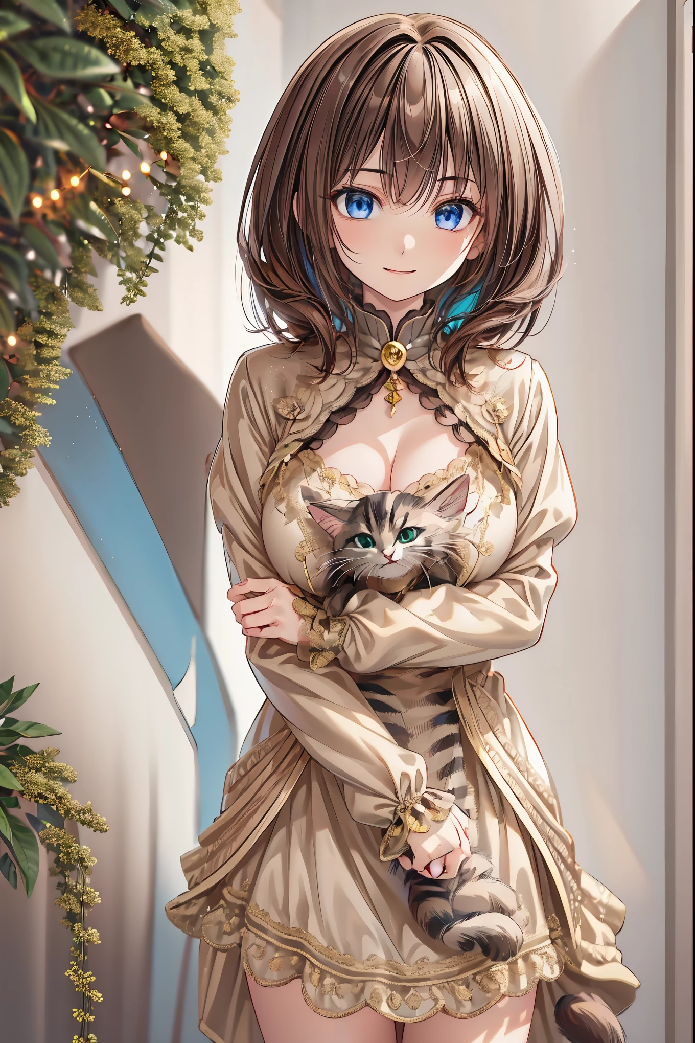 8K,High Quality,Best quality at its best,Realistic,masterpiece,cowboy shot、A delicate smile,beautiful eyes,Textured Skin,gentle and beautiful woman, girl holding a kitten ,Brilliant Colors,Rebellious Share House,I want cats to share too,Kilo,studio lighting,Bokeh,vivid color,physics-based rendering with beautiful eyebrows,Extreme Detailed Expression,professional