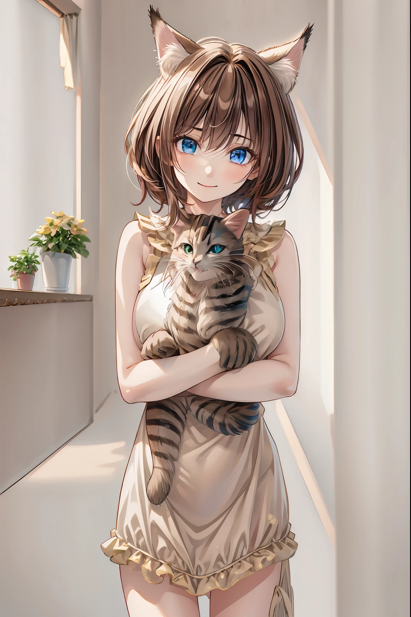 8K,High Quality,Best quality at its best,Realistic,masterpiece,cowboy shot、A delicate smile,beautiful eyes,Textured Skin,gentle and beautiful woman, girl holding a kitten ,Brilliant Colors,Rebellious Share House,I want cats to share too,Kilo,studio lighting,Bokeh,vivid color,physics-based rendering with beautiful eyebrows,Extreme Detailed Expression,professional