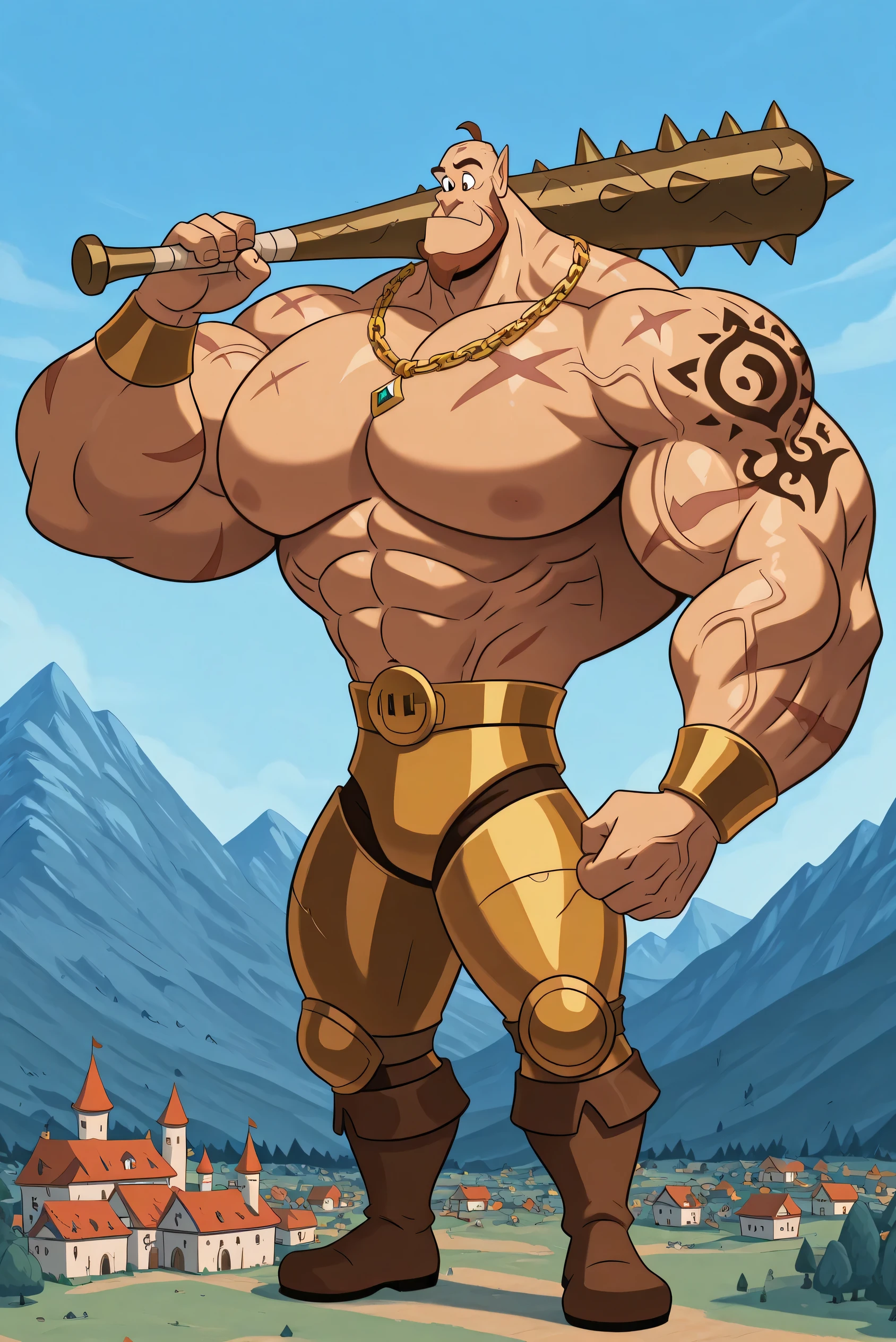 A giant muscular man, humanoid creature, bald man, gigantic chin, veins, tattoos, scars, golden armor, golden chest, golden bracelets with colorful jewels, golden necklaces with colorful jewels, golden and silver belt, golden and brown boots, ginormous biceps, enormous pectorals, detailed abs, holding a spiked bat, full body, giant size, macro size, 50-foot size, 100 feet tall, village background, castle background, mountains behind, saturaded colors, fairytale fantasy, blue sky background, a green giant beanstalk behind, focus far away.