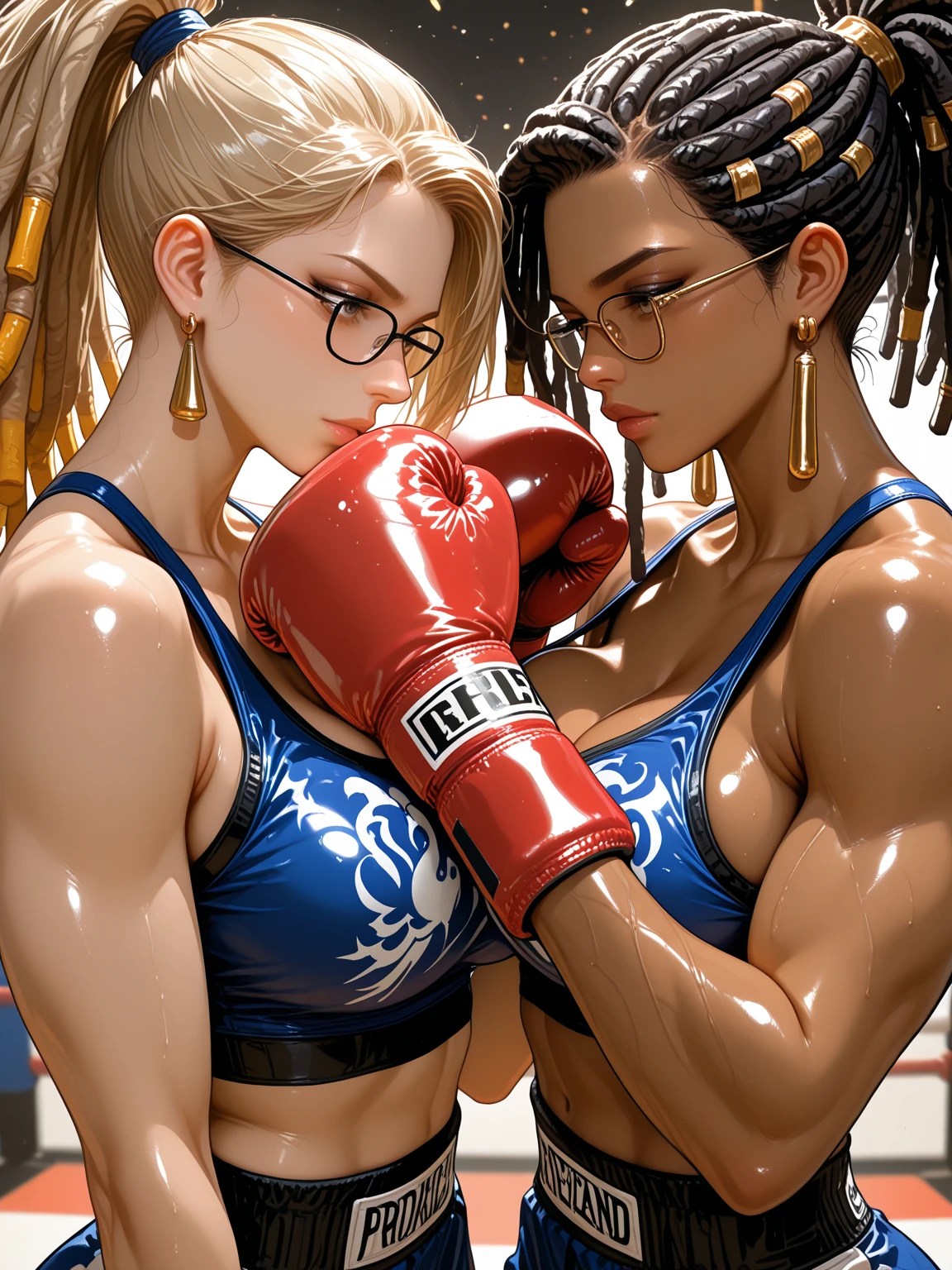 Covered in blood. Intense . Her opponent's fists are digging into her body. They glare at each other. Her face distorted by the opponent's punch. Dynamic action. She is in pain. her body is slammed to the cage and beaten violently. Her opponent tries to kill her with a powerful punch. The two are exhausted. Two young and beautiful Japanese heavyweight mixed martial artists are fighting inside the octagon of under ground and outlaw. They are both pounding their fists into their opponents' bodies. Their mouths are open, drooling, one eye closed, and they are gasping for air. They are sweating profusely. Short-cut black hair. Open-fingered gloves.  . Muscularity. Six pack abs. Extra thick arms and thighs. Super huge . High-leg  in metallic fabric.