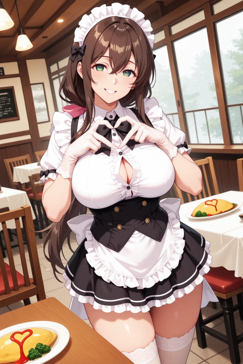 <lora:kashino_pony_v1.0:0.8>,,kashino \(azur_lane\),brown hair,cow_ears, cow_horns, purple eyes,long hair, maid headdress,maid,bare shoulders, underboob,apron, holding tray, blush, smile, restaurant,, score_9, score_8_up, score_7_up, source_anime,
