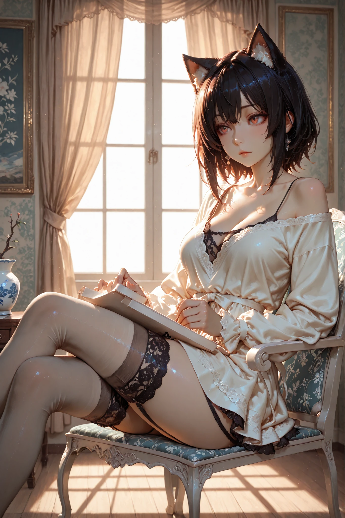 masterpiece, ultra-detailed, 8k, rich-contrast, glow porcelain-like skin, soft luminous skin, subsurface scattering, painterly texture, layered lighting, soft detailed fabric rendering, wears a deep-V-neck low-cut mini dress, layered over delicate lace underwear, garter stockings