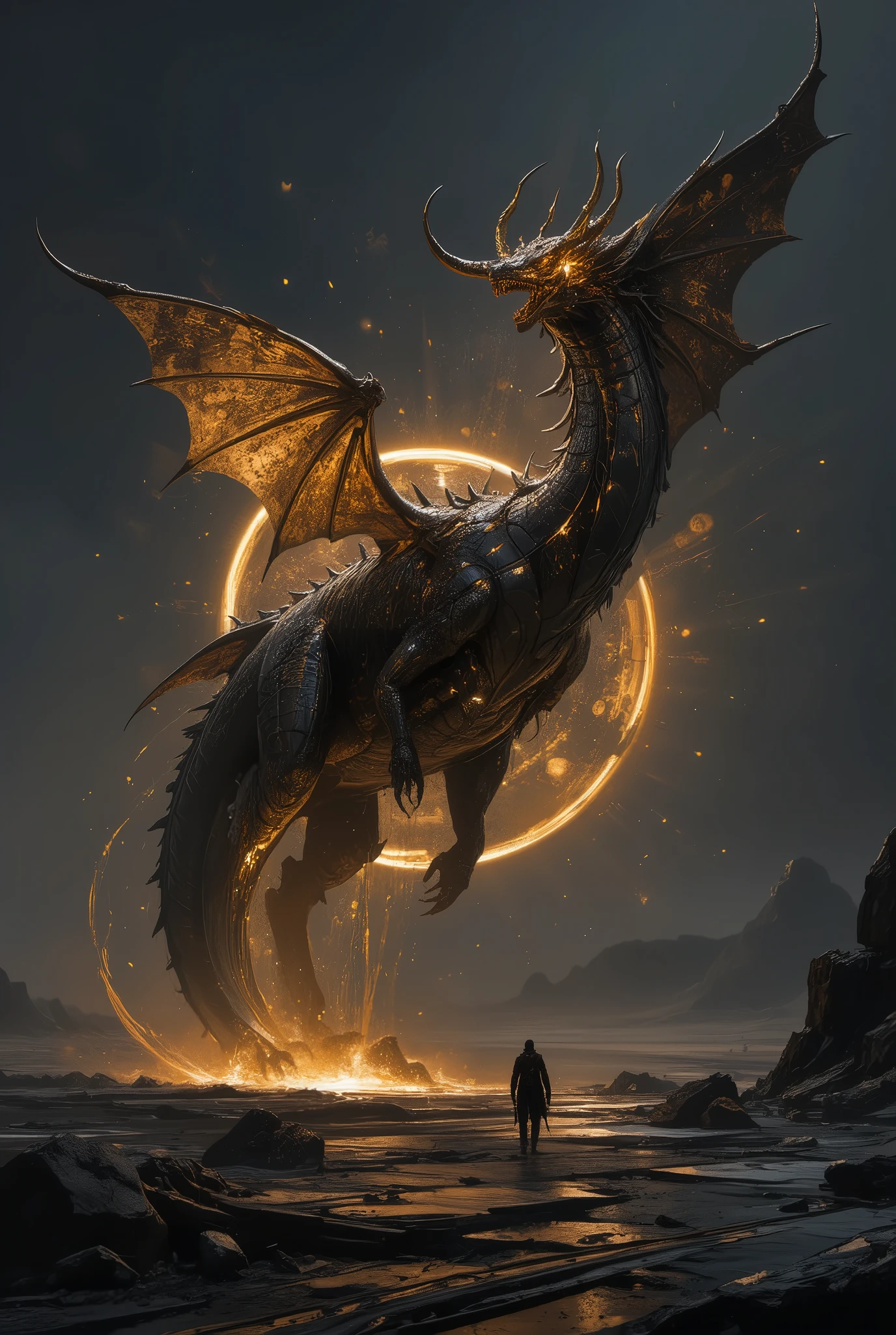 A colossal obsidian dragon with molten gold veins coursing across its body, floating above a cracked desert of black glass, radiant golden light rings orbiting its wings, cinematic rim lighting, ultra-detailed reflective textures, Unreal Engine 8K, deep contrast between darkness and gold illumination, minimal composition, quiet cosmic power.