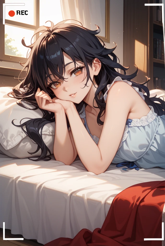 Anime girl laying on a bed with her arms behind her head - SeaArt AI