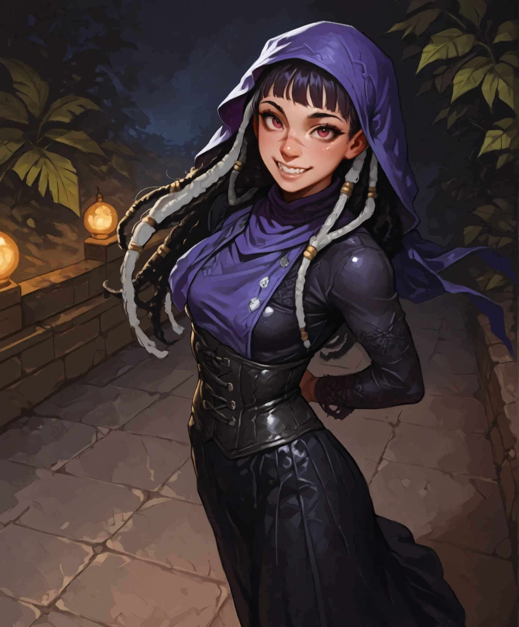 She looks like Elena from Street Fighter and has a horizontal scar across her nose. Inca girl with white dreadlocks and ponytail, deep red-coloured eyes, slanted Asian eyes, sharp canine teeth, black eyeliner, athletic body and soft abs. Slender and athletic. Cute, round and young face. White highlights in her hair. She wears a dark purple and black, fine (intricate) leather dress with lacing and snakeskin-pattern, corset with black lacing, purple headscarf. She also wears an amber necklace. She has small breasts. She has a small smile on her face. Atmospheric lighting. Looking at the viewer. Background: Spanish medieval town, hdr colours, oil painting, semi-realistic style