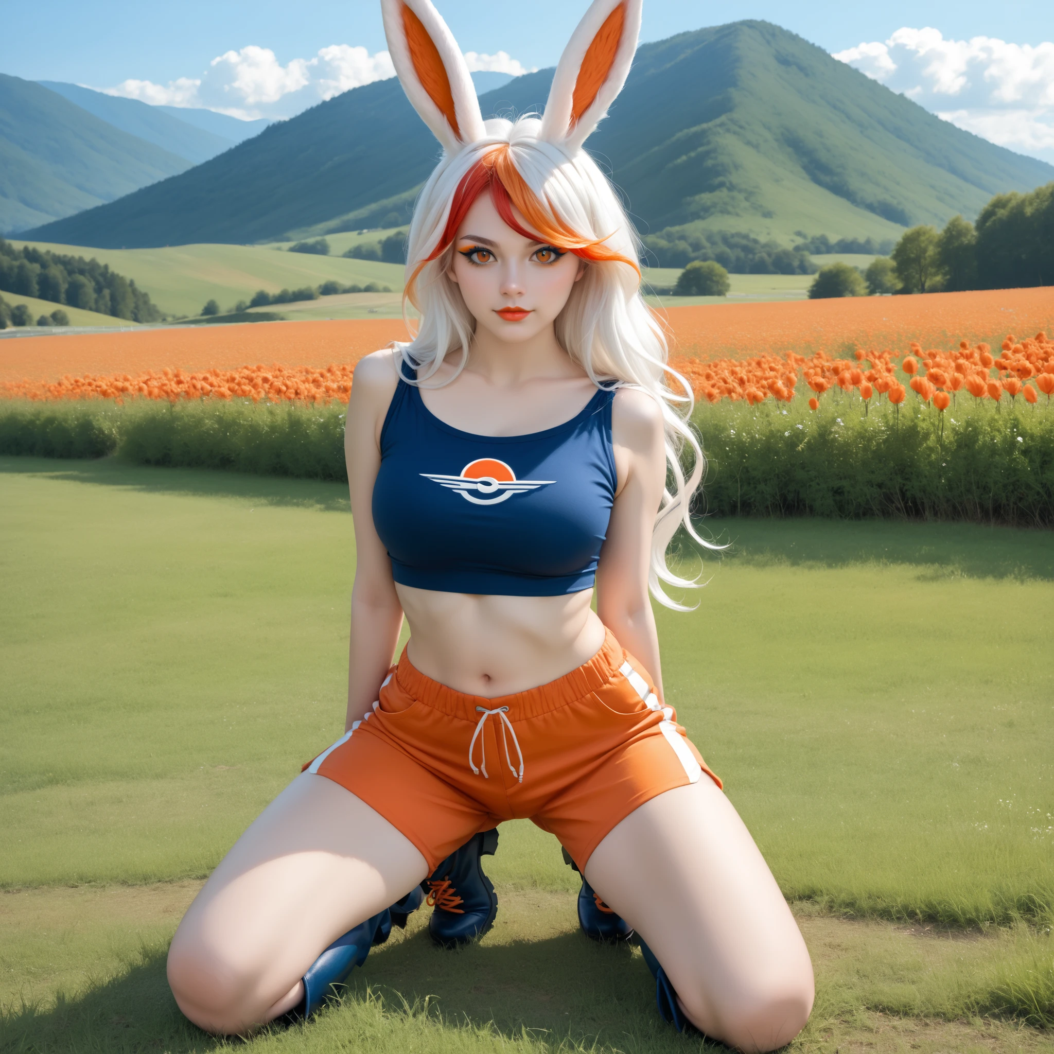 score_9, photorealistic, hyper realistic, ultra detailed, high quality, absurd. cinderace_(pokemon), anthropomorphic woman, human face, orange eyes, long hair, two-tone hair, white hair with orange streak, (white skin:1.5), rabbit tail, orange lipstick, blue crop top, orange shorts, blue knee-high boots. sunny day, clear sky, green place, short grass, hills, kneeling with hands between legs, sexy pose, sensual expression, cinematic lighting, soft light.