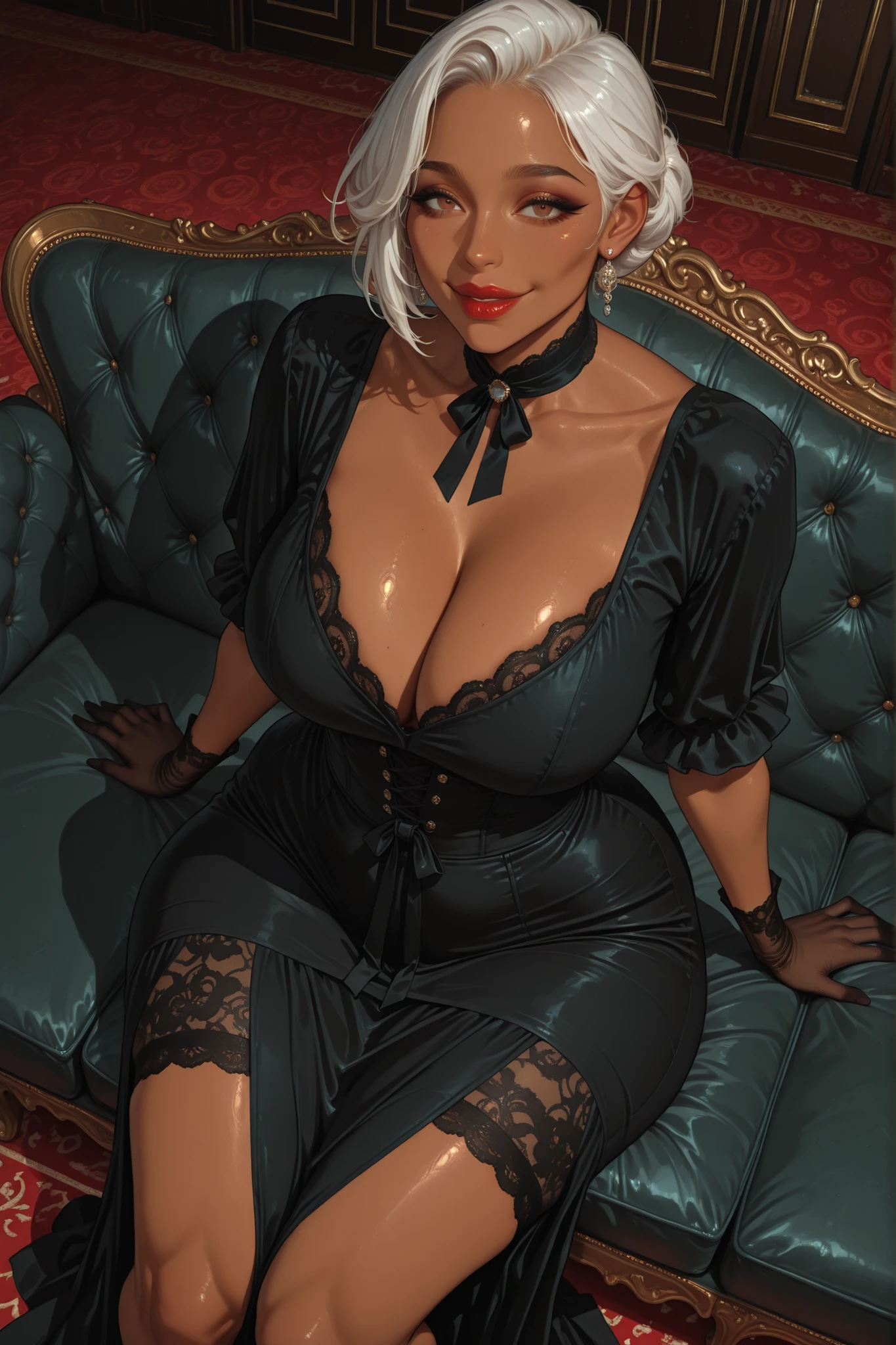 1 woman, 1 african american woman, brown skin, ((((olive skin, caramel skin, African American, African American woman))) Anatomically correct, beautiful face, perfect face, Beautiful and highly detailed face, sexy milf, Attractive face , Milf Detailed Face, MILf Delicate Facial Features, detailed ,Very detailed & Beautiful and dazzling eyes, huge breasts, big butt, thick thighs, mature female, beautiful and dazzling, Lip details, ultra detailed, expressive eyes, perfect face, ( colors CMYK ), (ultrahd, 8K), black woman, big breasts, big breasts, short skirt, thighs, tight clothes, short hair, white hair, makeup, red lips, thick lips, Simple evening dress, gray satin, victorian fashion, victorian era, modest neckline, plain bodice with minimal lace, ankle-length skirt without train, dark gloves, gloves, mall ribbon at waist, hair neatly tied back, no jewelry, humble, reserved, respectful, dutch angle, ballroom gala, ballroom background, brown eyes, gorgeous eyes, sitting, sofa, from above, smiling,