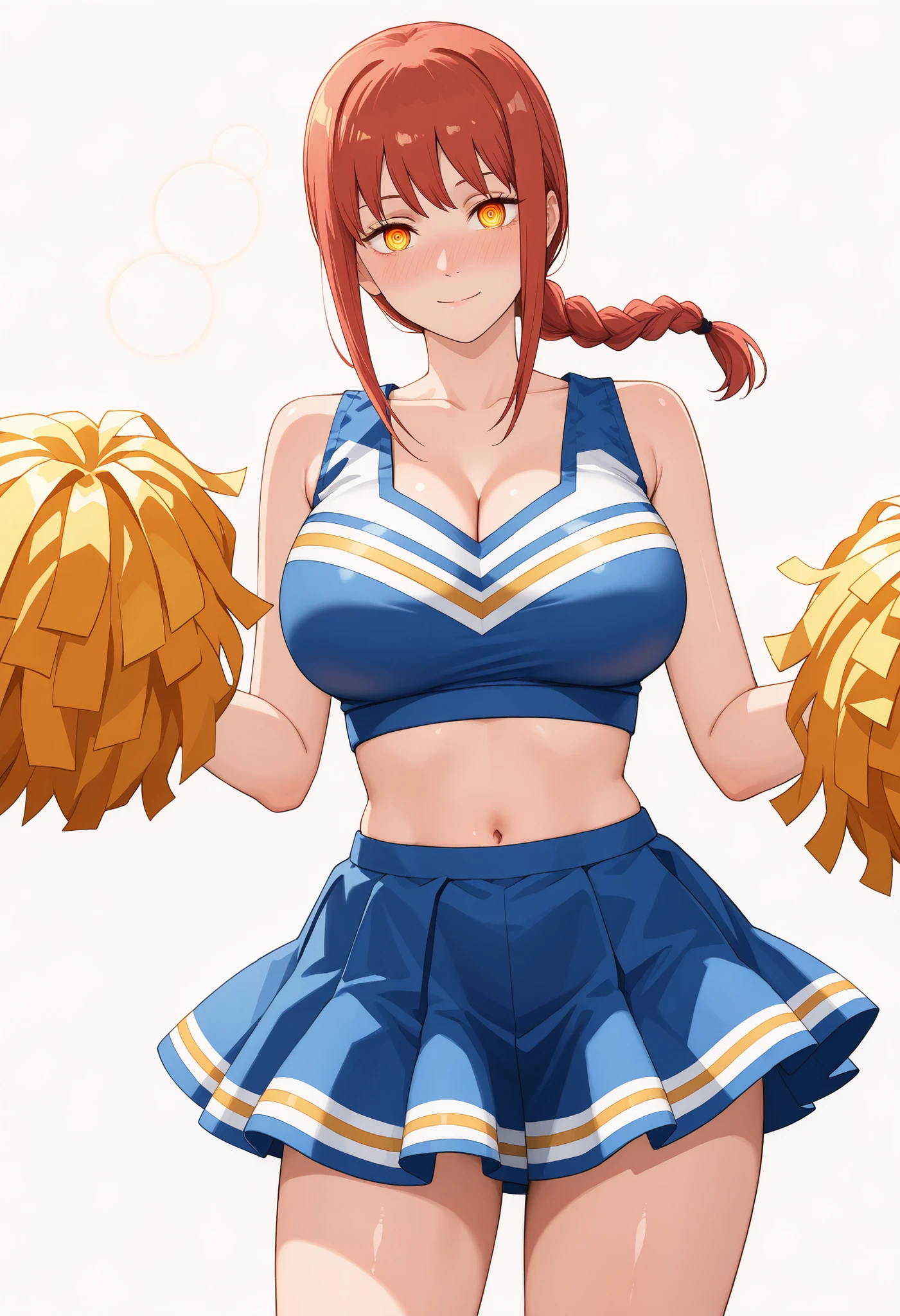 1girl, solo, makima, chainsaw man_makima, chainsawman_style, manga_style, Tatsuki fujimoto_style, red hair, long hair, braided ponytail, yellow eyes, ringed eyes, large breasts | Standing,, accentuated breasts,, smiling, closed mouth, Looking At Viewer, tilting head,,, dynamic, dynamic composition,beautiful sunlight, beautiful lighting, lens flare, light leak,,, emotional, . ,COWBOY SHOT,. High-resolution anime-style illustration, clean lines, smooth shading, and rich fabric details., solo focus, looking at viewer, shiny skin, shiny hair, shiny body, clear body, nose blush, BREAST FOCUS, POSING, CLEAVAGE, DYNAMIC POSE, NICE LEGS, COWBOY SHOT, cowboy shot, NOSE BLUSH,. ,, dynamic pose,, opaque clothes,,, ., opaque clothes, LOOKING AT VİEWER, opaque clothes, POSING, navel, midriff, nice legs, GLOWING EYES, NICE LEGS,, POSING, white backgrond, empty background, cheerleader,cheerleadercheerleader,cheerleader,,cheerleader,,,cheerleader, POSING, HUGE BREASTS, WHITE BACKGROUND, EMPTY BACKGROUND
