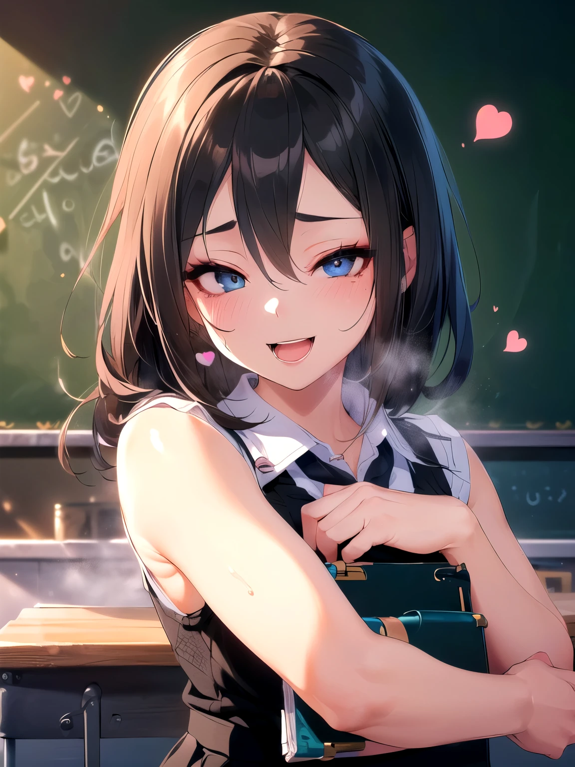 (Solo, solo human, horny office lady who hasn't masturbated in two weeks hugs the attendance book and writhes in agony, five hearts floating: 1.8) (kinky and horny female teacher, blue eyes, Unreal Engine, 3D rendering, animated shadows, glossy textures, detailed face and eyes, anatomically correct, mature woman, black female teacher suit, tight black long skirt: 1.5) (breeding, ahegao, smiling, slightly open mouth, blushing, aroused, trembling, steam, breathing, PE blackboard, classroom: 1.3) (textured skin, upper body: 1.5) (UHD, retina, masterpiece, accurate, ultra detailed, high detail, high quality, award-winning, best