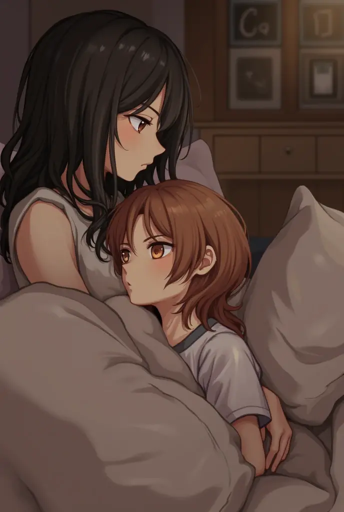 ((By Kinu Nishimura)), ((Kinu Nishimura Style)), ((Artist: Kinu Nishimura)), ((Kinu Nishimura)), ((art by Kinu Nishimura)), ((1girl)), adult, ((long hair)), ((hair bun with white ornaments on left side of head)), long face, tall, tall head, long head, tall face, thin eyebrows, eyelashes, teal eyes, thin nose, straight nose, lips, medium boobs, , cute , (), fully , , , completely , completely , fully , embarassed, tight , ((pubic hair)), 2d art, solo, ((on bed))