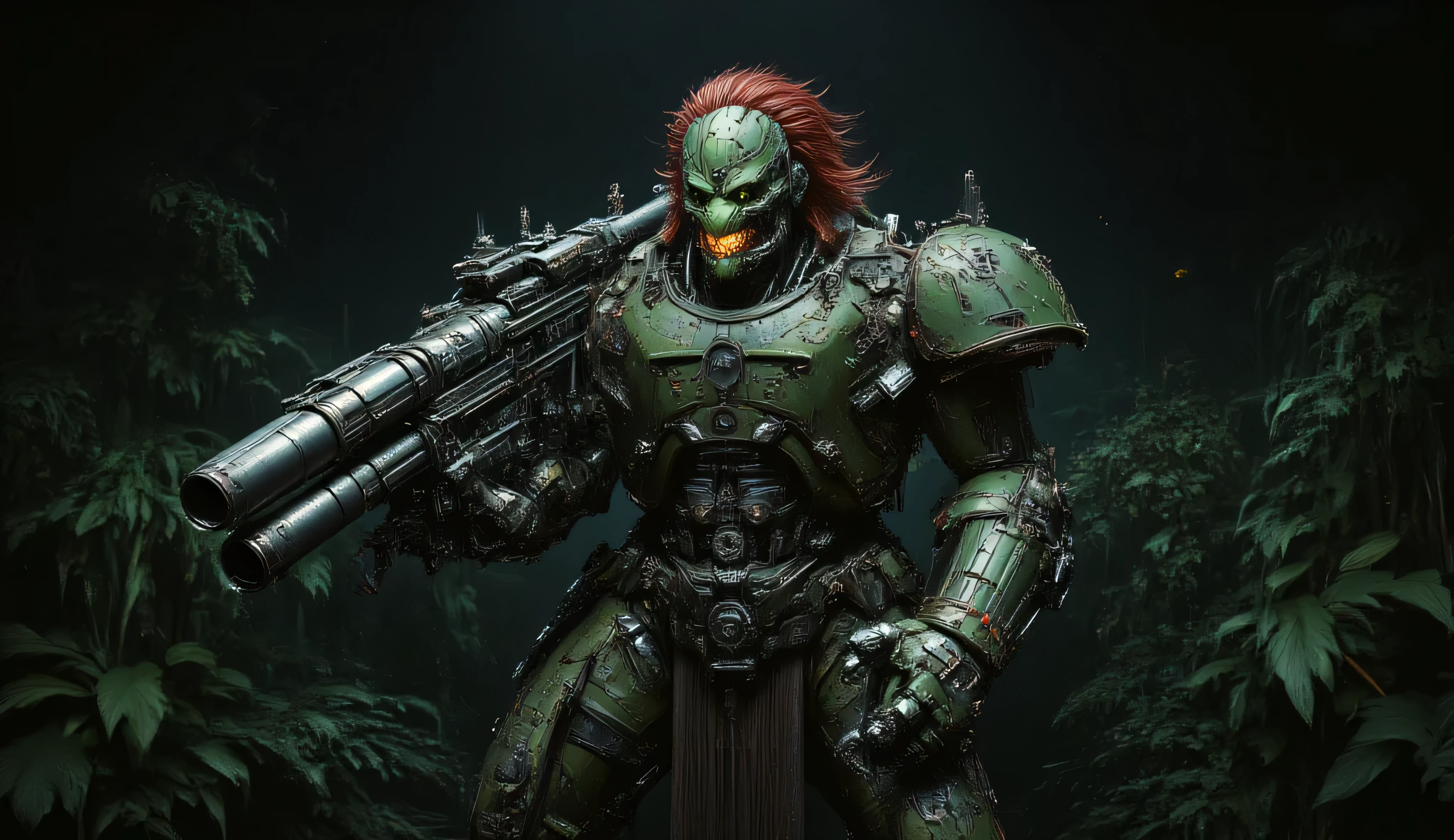 Realism. A green-skinned large cyborg orc with an iron lower jaw and a burning green cybernetic eye. He holds a rocket launcher on his shoulder. He has red hair. He is dressed in a camouflage military uniform and a cap. He is in a dense jungle at night. The sky is black. It is night, and the sky is black. Horror
