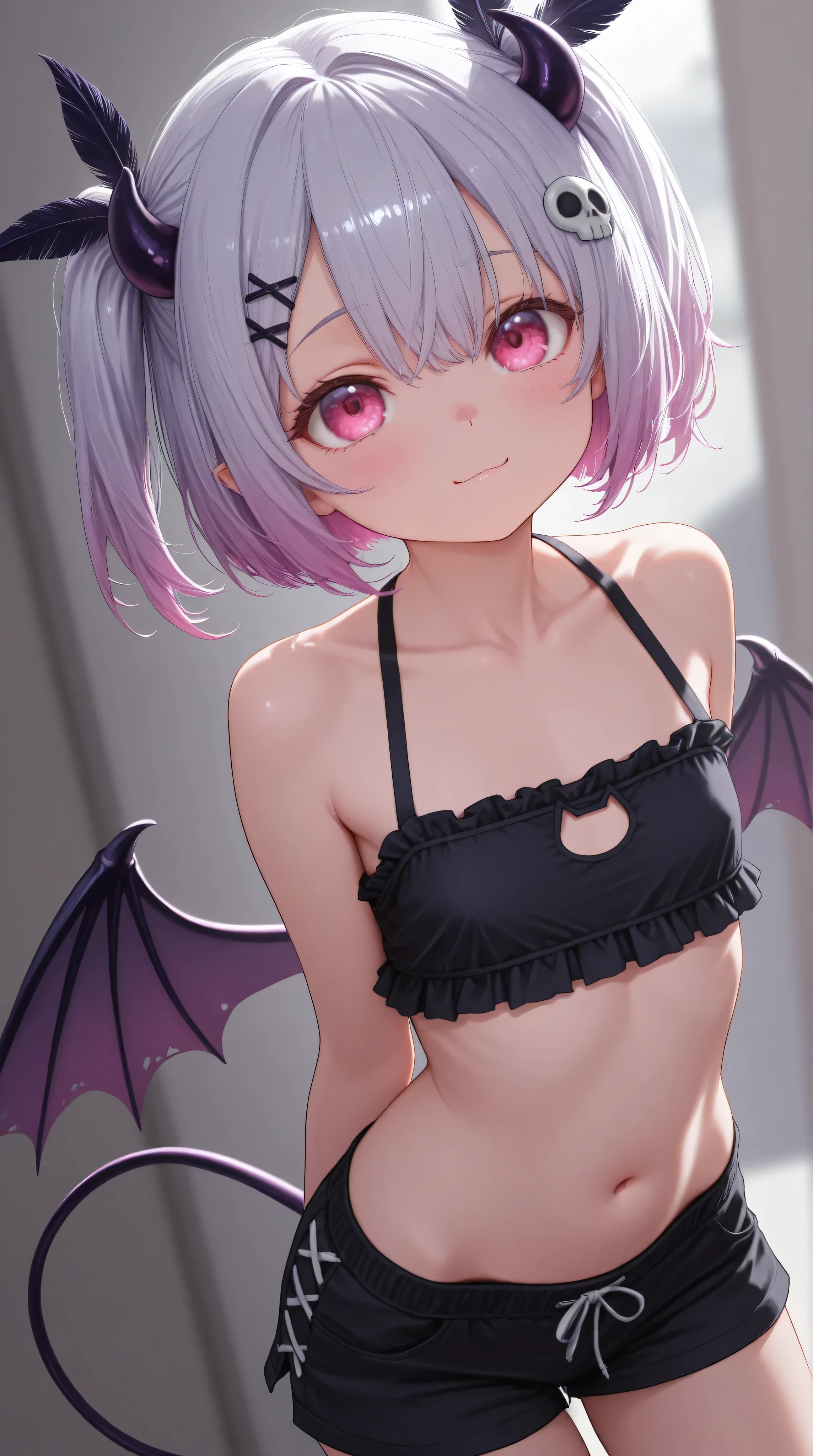 ①. elementary school girl, succubus girl, petite, flat chested and slightly bulging, Indigo bat wings growing from his waist, indigo succubus tail,
②. Want You Spoil, small smile
③. Pink Eyes, Cat Eyes, Moist eyes, Childlike Face, Large Eyes, Rounded face,
④. Silver Hair with Pink Highlights, Short Bob Cut, Airy Texture, Twin Tails on Each Side,
⑤. Indigo bird feather hair accessory, Skull Clip on Bangs,
⑥. casual sporty outfit, shorts
⑦.
⑧.
⑨. blurred background, curious /, Lighting: soft ambient light , The sight of you peering into my face, She looks up at my face from below ○. High Quality、Ultra-Detailed、Best Quality、
①appearance ②facial expression ③face ④hair ⑤decoration ⑥clothing
⑦posture ⑧place ⑨angle ⑩third party ⑪situation