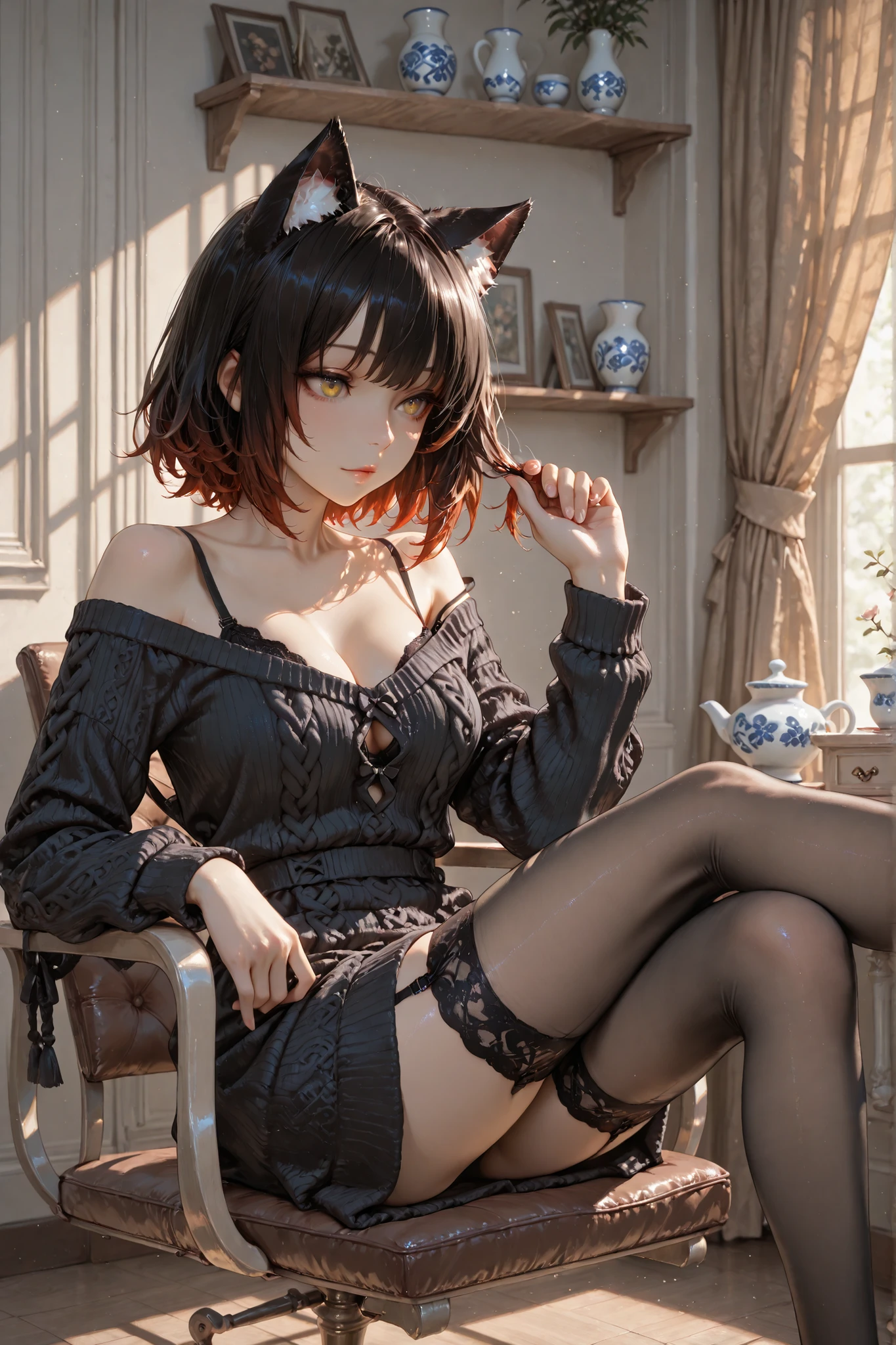 masterpiece, ultra-detailed, 8k, rich-contrast, glow porcelain-like skin, soft luminous skin, subsurface scattering, painterly texture, layered lighting, soft detailed fabric rendering, cat ears matching her hair color, wears a deep low-cut mohair knit mini dress, layered over glossy black bra, (clothes lose shape:1.1), strap slips down, garter stockings,