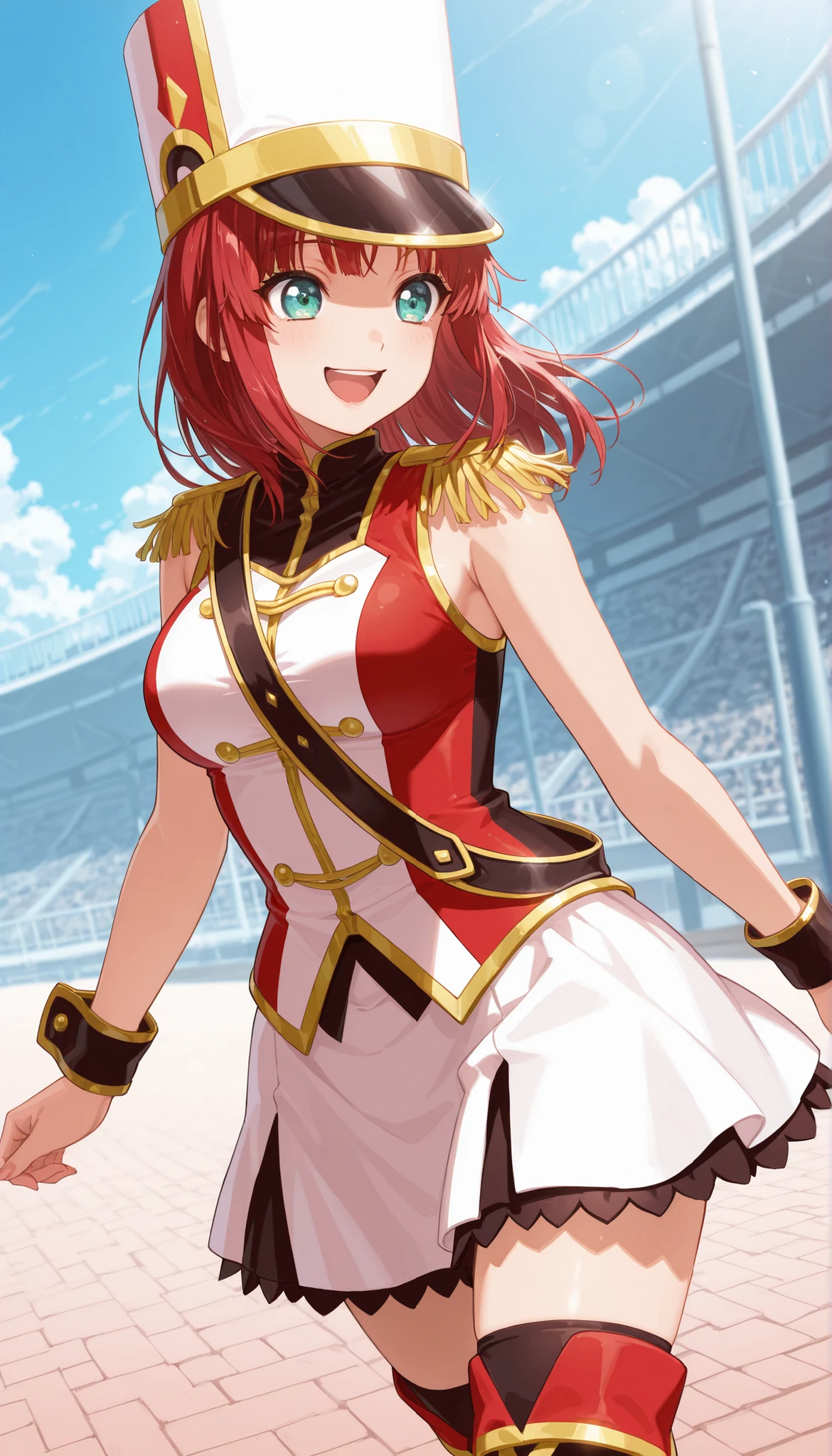 score_9, score_8_up, score_7_up, source_anime,solo, 1girl,<lora:misaki:1 . 2> , kokorohhw costume, hhw skirt, hhw shako cap, hhw band uniform, hhw wrist cuffs, hhw thigh boots, smile face, open mouth ,rouge lips , walking , live backstege, cowboy shot, medium breast,medium hair,