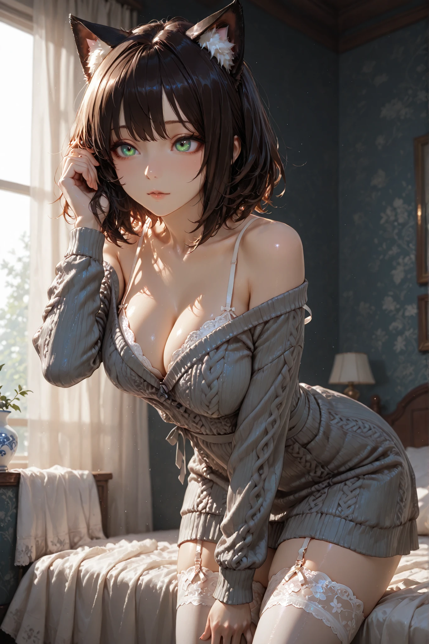 masterpiece, ultra-detailed, 8k, rich-contrast, glow porcelain-like skin, soft luminous skin, subsurface scattering, painterly texture, layered lighting, soft detailed fabric rendering, cat ears matching her hair color, wears a deep low-cut mohair knit mini dress, layered over glossy white bra, (clothes lose shape:1.1), strap slips down, garter stockings matching the bra,