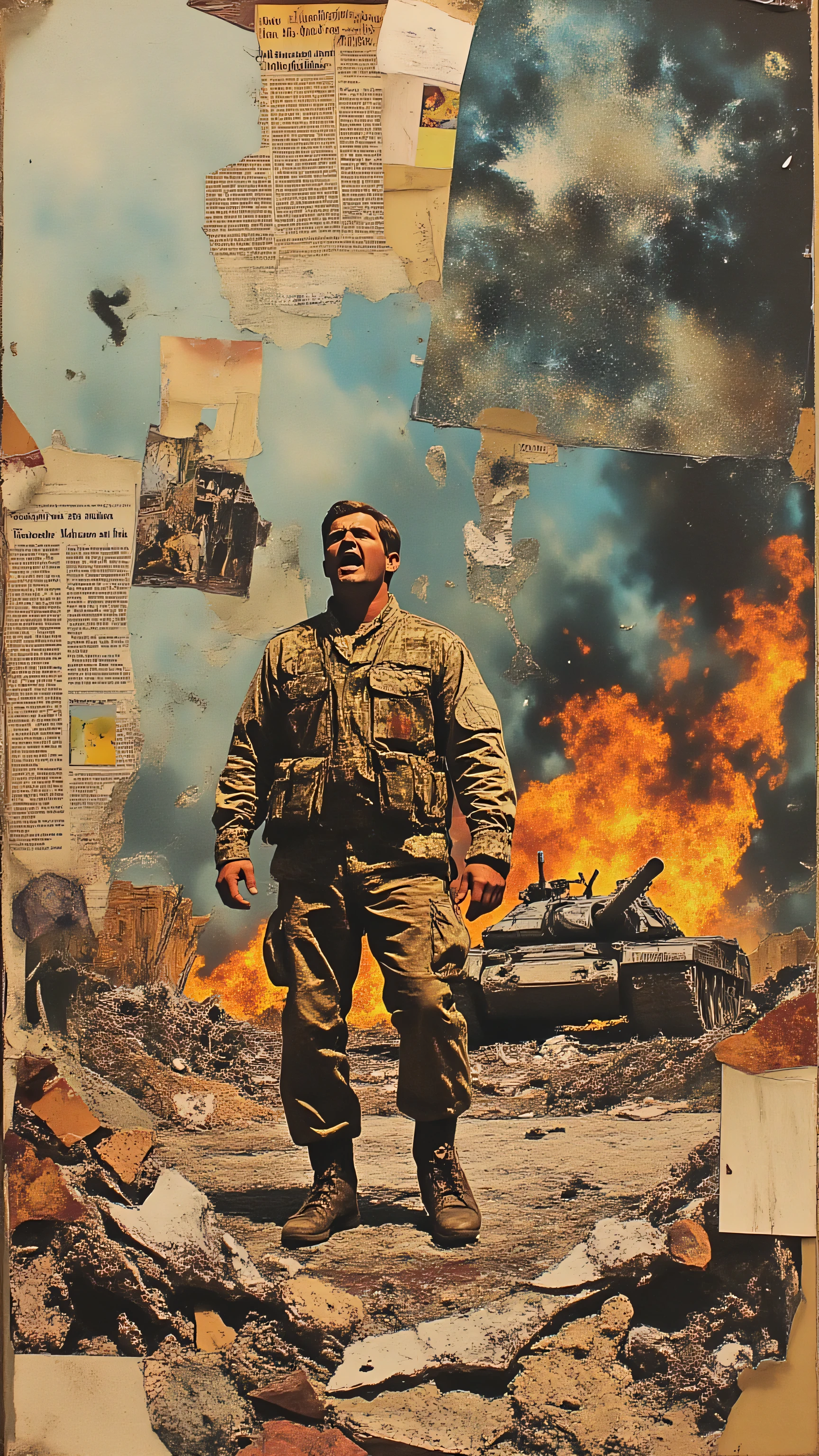 collage art, accurate shot ,modern soldier,screaming, Afghan War, explosion, burning tank, Newspaper fragments, pictures, 8K,