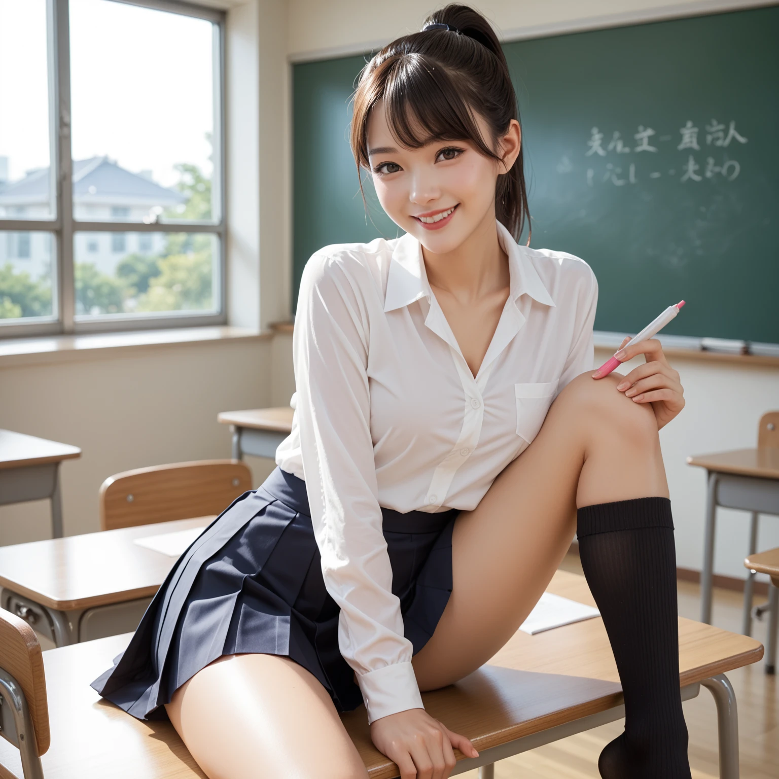 1womanl、(Super beautiful)、(beauitful face:1.5)、40 years、spreads her legs、makeup, Business Suit, (a miniskirt:1.2)、Sitting on a chair in a classroom in elementary school、Chalkboard background