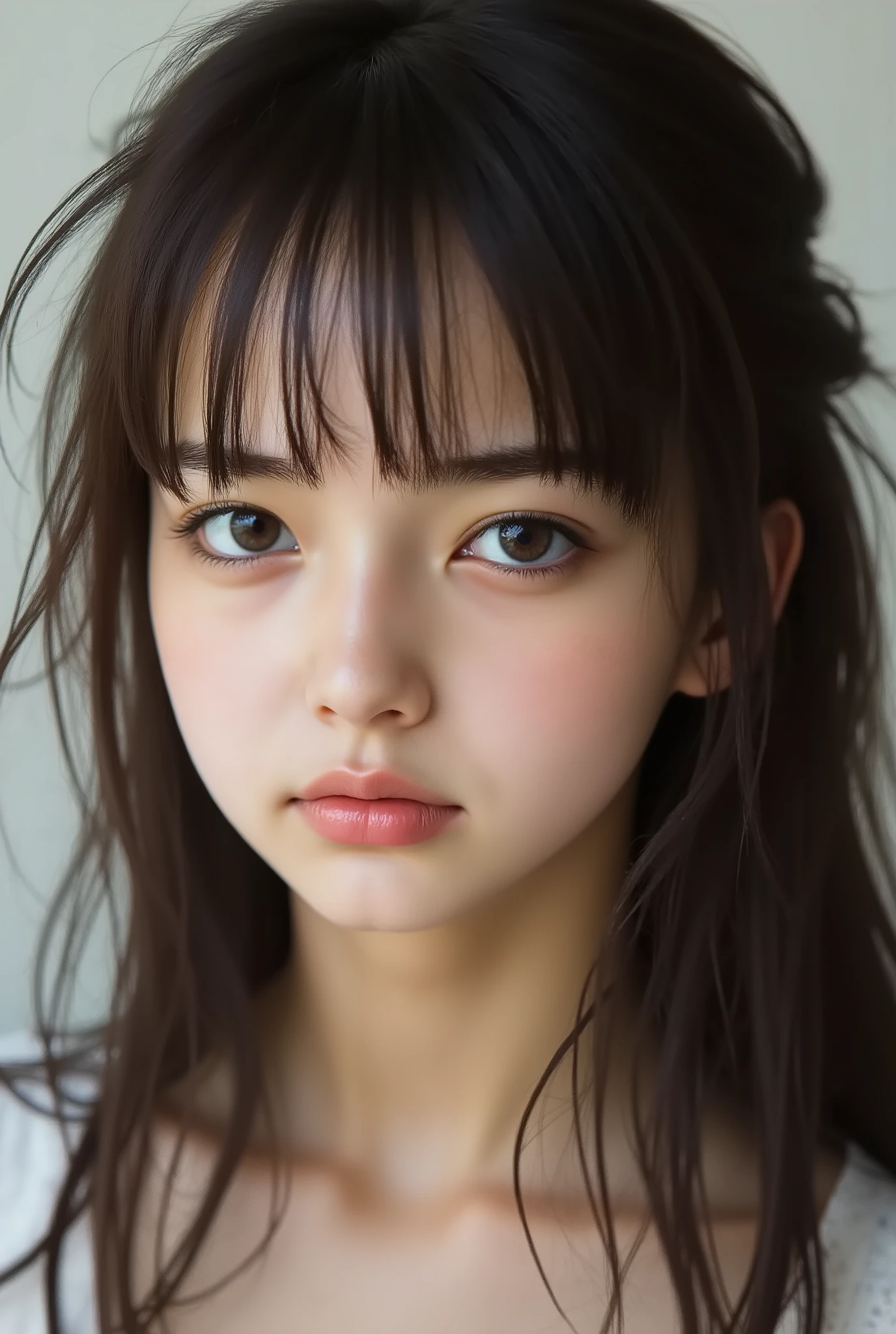 13 year old girl、Long, messy hair、The balance of everything is the best、face turned