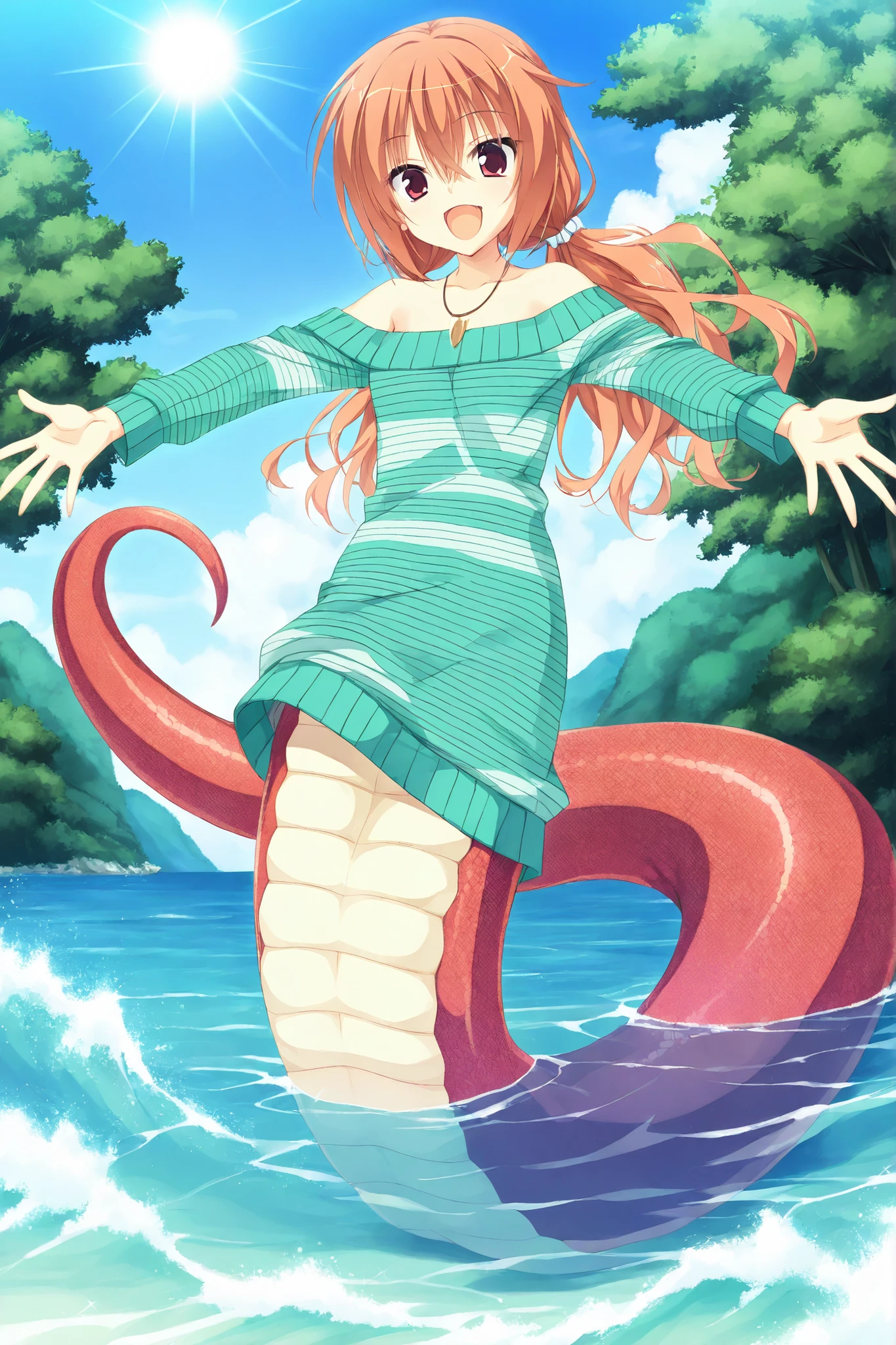 masterpiece,best quality,Amazing Quality,Game CG, inaba meguru,
Long hair,Orange hair ,red eyes,
low ponytail, Jewelry Necklace,Striped Sweater,lamia,cute,The lower half of the body is an orange snake tail
strapless, Green tree , blue sky, Soft sun, [Gentle Breeze,Smile,open mouth,wave, 1 girl,Solo,Full body picture