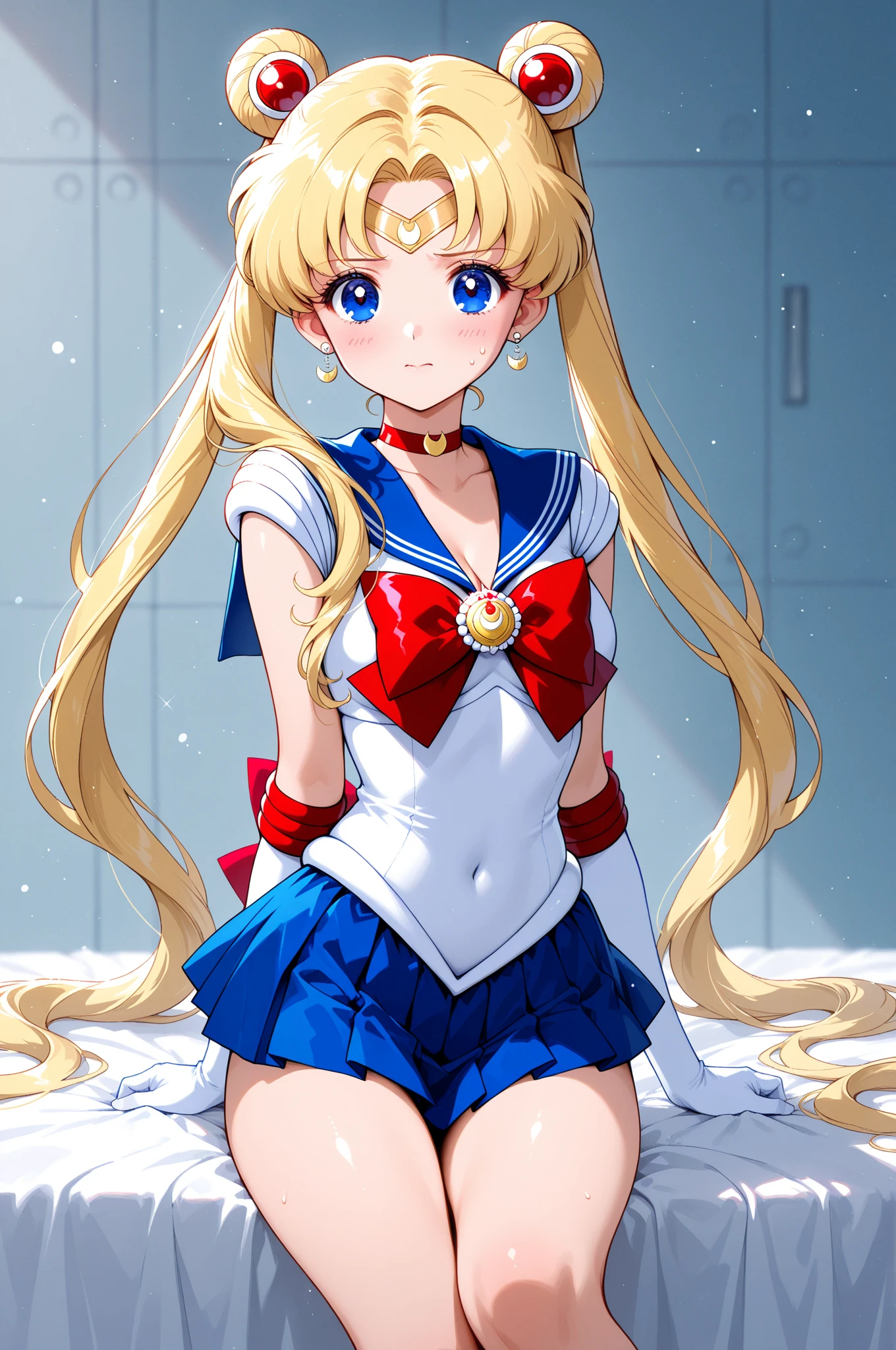 masterpiece, best quality, (1girl), supersailormoon, detailed face,  smile, nigh sky, moonlight, moon, sakura trees,  white gloves, detailed eyes, detailed face, sitting ,  galaxy background, detailed background, fullbody, long hair, skirt, blonde hair, gloves, bow, twintails, jewelry, pleated skirt, choker, elbow gloves, white gloves, sailor collar, hair bun, double bun, magical girl, blue sailor collar, multicolored clothes, sailor senshi uniform, multicolored skirt, hair ornament, red bow, brooch, heart brooch, earrings, crescent, blue eyes, heart choker, heart, miniskirt, very long hair, back bow, crescent earrings, tiara, yellow choker, boots, knee boots, red footwear