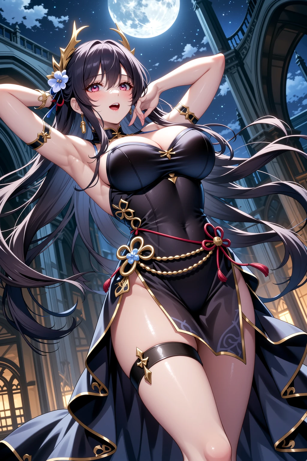 1girl, solo, (soft skin:1.2), (long purple hair:1.1), ponytail, hair ribbon, purple eyes, (sparkling eyes:1.1), shy smile, medium breasts, cleavage, (sideless outfit:1.5), long silk dress, thigh strap, (groin:1.2), (partially visible crotch:1.2), silk curtains, candlelight, night sky, Masterpiece, best quality, detailed background, intricate details, detailed, <lora:detail_slider_v4:1.25>