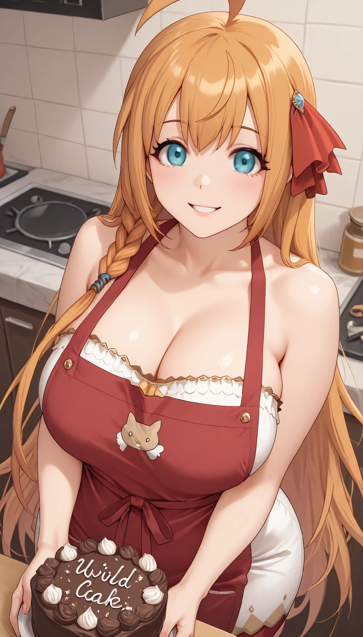 1girl, Solo, HD, Accurate, pcrpeco, Pecorine, long hair, orange hair, blue eyes, ahoge, braid, , pcrpeco, ahoge, braid, large breasts,mature, wide , white dress, smiling, red apron,cleavage, kitchen background, look at viewer, vivid colors, holding a chocolate cake, parted lips, look at viewer, from above, detailed eyes, 