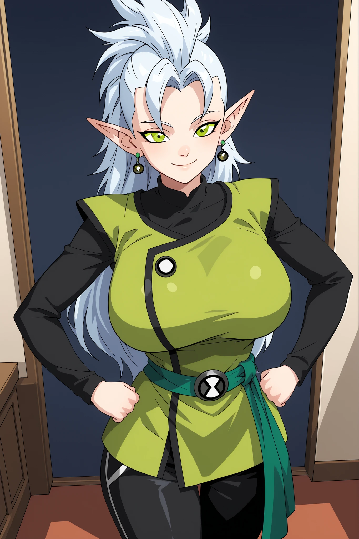 {{masterpiece, ultra-high quality, professionally detailed, professionally shaded}}, 1girl, solo, closed mouth , wide hair, light blue, white hair, height of 1.80 cm, bristled hair, green eyes, huge breast, pointed ears, green earrings, potara earrings , Sleeveless tunic, Green tunic , black ornament, shirt under the tunic , black shirt, long sleeve undershirt, high neck , pants, loose pants , black pants, green sash, green boots, Standing, looking at the spectator, smile, hands on hips,  dbwsk,(mohawk), belt, ben10 