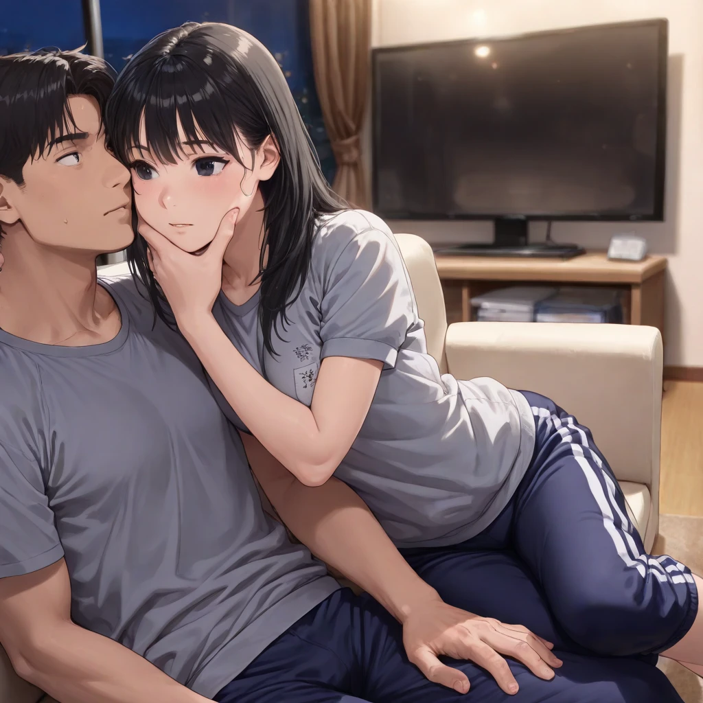 (Create a masterpiece: 1.2),(CGI art:1.3),(realistic:1.5),(After processing:1.3), (Sharp focus:1.3), (man and woman hugging and kissing: 1.5), (man and woman: 1.5), smile, (A man wears a navy blue short-sleeved round neck t-shirt.: 1.3), Navy cargo pants, Korean guy , korean men, (High gloss details),  muscles, large arm muscles, blood vessel, Big muscles, Broad shoulders, looking at the audience, Balancing the eyes, smile, Close your eyes, open your mouth., (Close your eyes, open your mouth. : 1.3) , ,( very long big : 1.8), (Big ), ( of the : 1.1), (How: 1.8) ,( woman: 1.9), Make love, , , lust,  (, In front of the bread shop: 1.3) ,