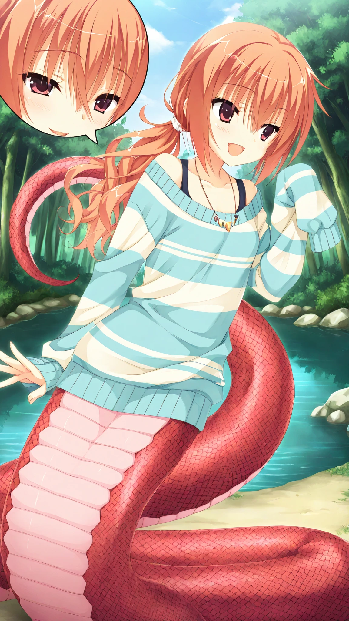 masterpiece,best quality,Amazing Quality,Game CG, inaba meguru,
meguru_daily,Long hair,Orange hair ,red eyes,
low ponytail, Jewelry Necklace,Striped Sweater,sleeves over wrists,Off Shoulder,lamia,cute,The lower half of the body is orange snake tail,
Off Shoulder, blue sky, forest,Soft sun,pond, Gentle Breeze,Smile,open mouth,wave, 1 girl,Solo,Full body picture,has no legs