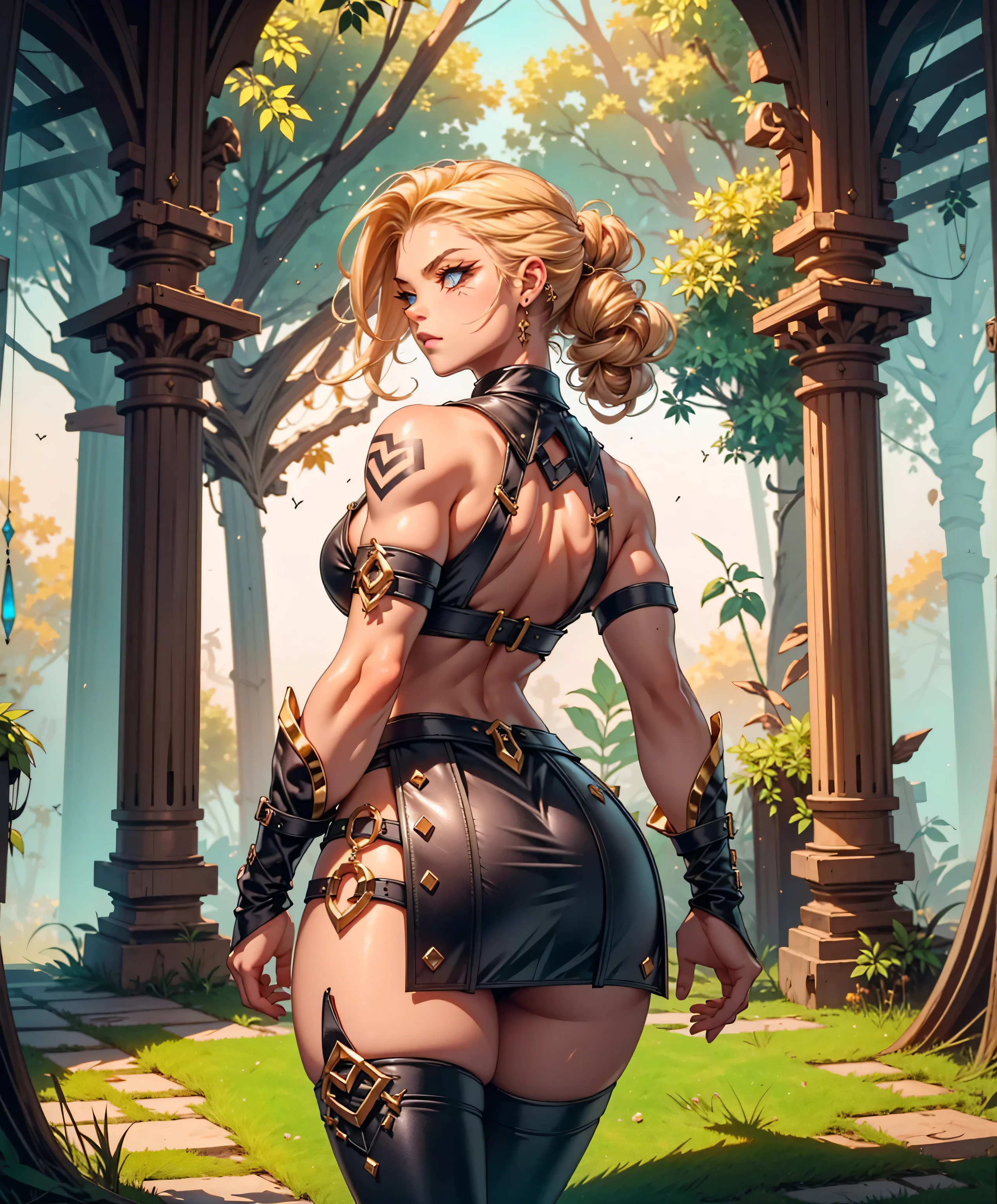 A highly detailed digital illustration of a strikingly muscular female warrior in fantasy attire, standing confidently in the center of a dark, moody environment. She has a sculpted, athletic physique with defined abs, broad shoulders, and powerful legs that radiate raw strength and beauty. Her long, flowing blonde hair cascades around her face and down her back, gleaming faintly in the dim light. She appears to be in her mid-twenties, her piercing blue eyes fixed directly on the viewer with a bold, confident expression that exudes dominance and allure. She wears a sleek, black leather breastplate designed to accentuate her physique, paired with a high-waisted leather skirt reinforced with metal clasps and slitted panels that show the tone of her thighs and abdomen. Dark leather bracers wrap her forearms, and faint runic tattoos curl across her shoulders and stomach, glowing subtly in the gloom. The background is a haunting fantasy setting—twisted roots, overgrown ruins, and curling mist illuminated by faint, enchanted light. The atmosphere is intense and mysterious, with dramatic lighting that casts deep shadows across her form, emphasizing every contour of muscle and the powerful presence of a legendary warrior.