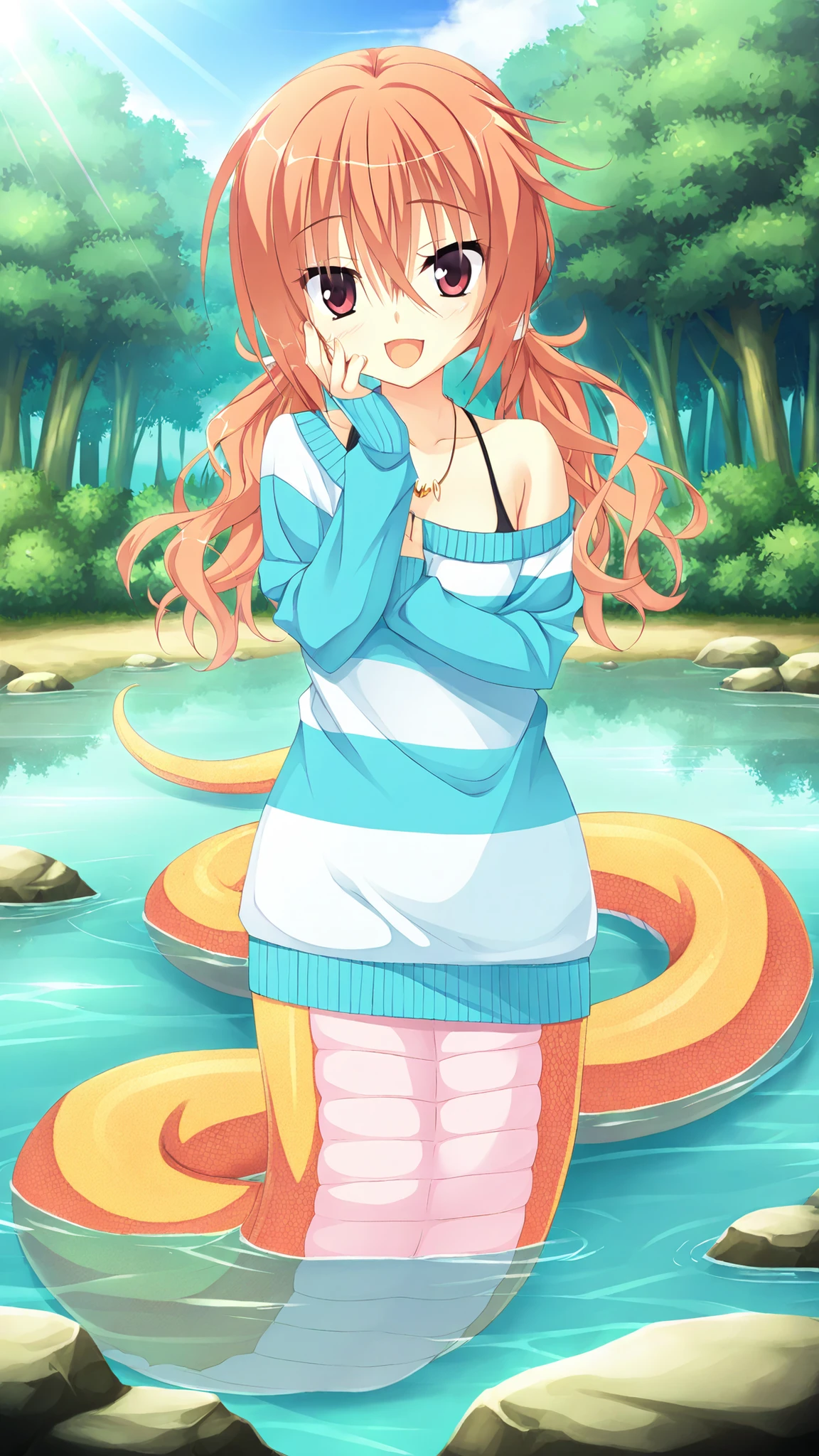 masterpiece,best quality,Amazing Quality,Game CG, inaba meguru,
meguru_daily,Long hair,Orange hair ,red eyes,
low ponytail, Jewelry Necklace,Striped Sweater,sleeves over wrists,Off Shoulder,lamia,cute,The lower half of the body is an orange snake tail,
Off Shoulder, blue sky, forest,Soft sun,pond, Gentle Breeze,Smile,open mouth, 1 girl,Solo,Full body picture,has no legs