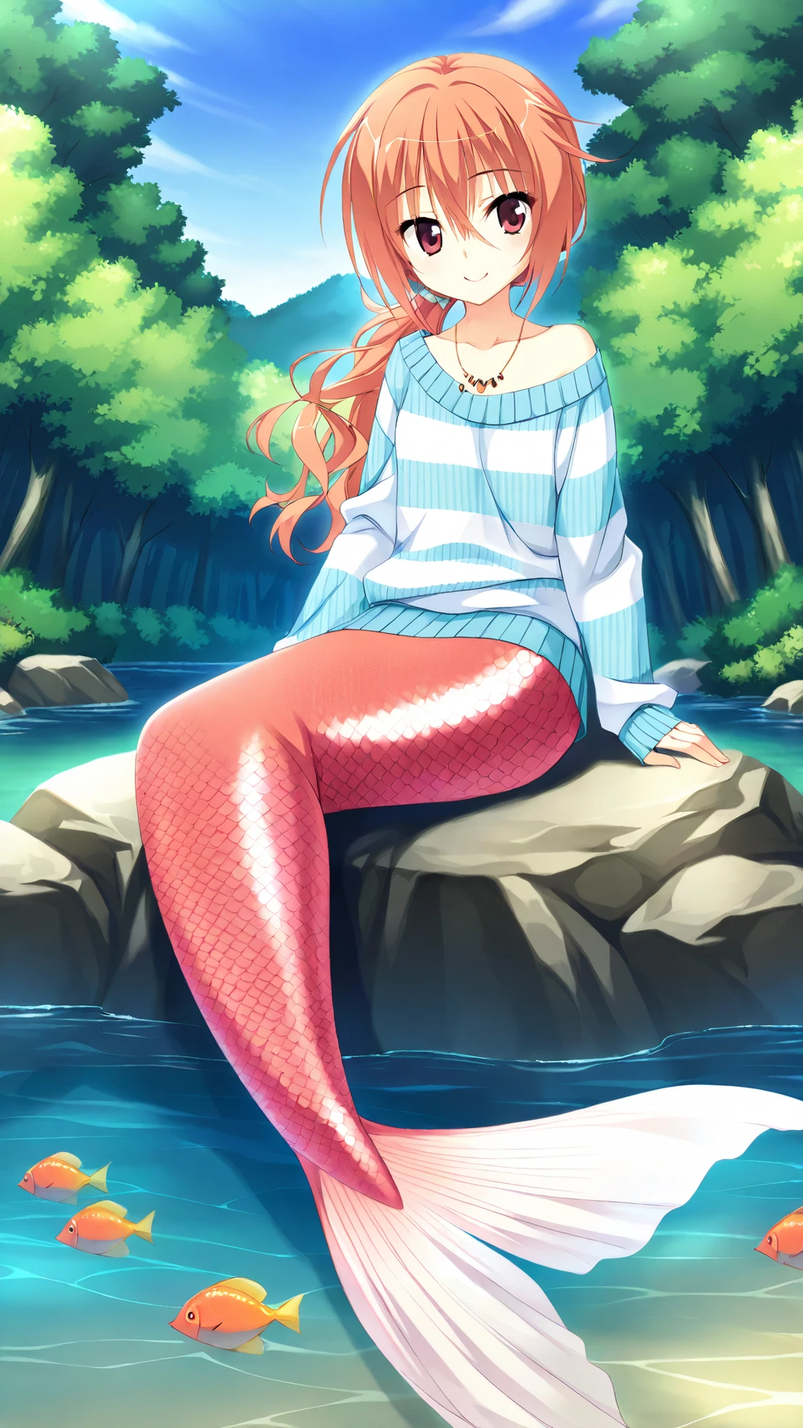 masterpiece,best quality,Amazing Quality,Game CG, inaba meguru,
meguru_daily,Long hair,Orange hair ,red eyes,
low ponytail, Jewelry Necklace,Striped Sweater,sleeves over wrists,Off Shoulder,Mermaid,cute,The lower half of the body is an orange fish tail,
Off Shoulder, blue sky, forest,Soft sun,pond,坐在pond里, Gentle Breeze,Smile, 1 girl,Solo,Full body picture,has no legs