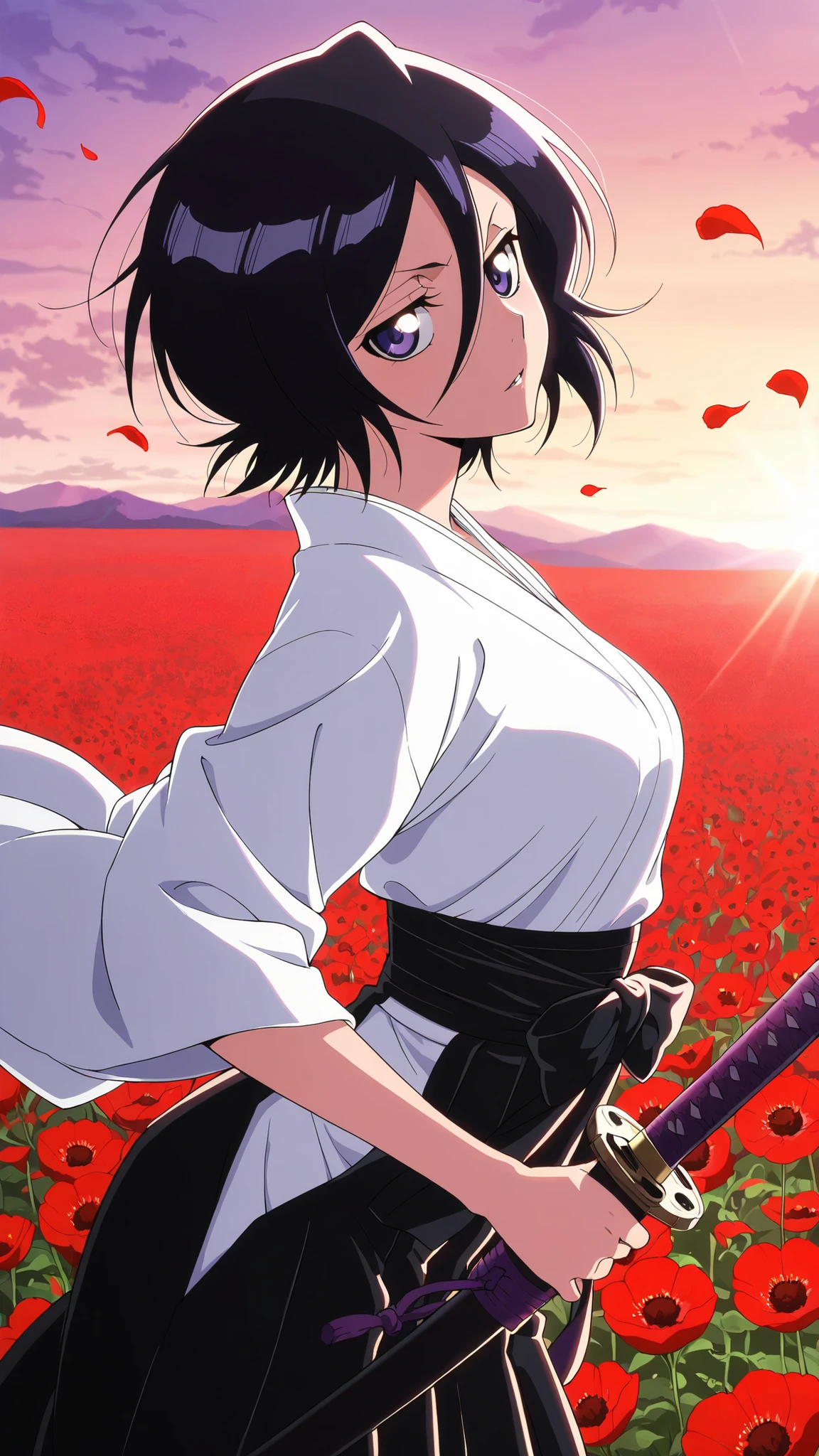 BREAK (masterpiece:1.2), best quality, high resolution, unity 8k wallpaper, (illustration:0.8),Anime-style endless poppy field in full bloom, red flowers to the horizon, soft sunlight shining above, gentle wind moving the petals, dreamy and romantic atmosphere, no people,rukia kuchiki, black hair, hair between eyes, purple eyes, short hair, medium breasts, anime screencap,light samurai kimono with tied hakama, katana sheathed at her waist, elegant and calm among endless red poppies,looking at viewer,cowboy shot,seductive expression,action pose,arched back,from below