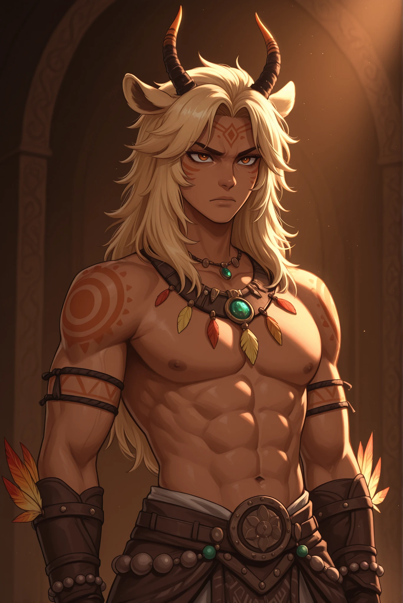 Alta qualidade, obra-prima, detailed photograph of a 17-year-old male teenager with fair skin lightly tanned by the sun, serious and determined facial expression, viewed from an angle greater than 45 degrees. Wearing tribal costumes made with earthy fabrics, decorated with geometric patterns and fringes. Highlight is the impressive ceremonial adornment on the head that mimics a giraffe - raised structure with short horns and characteristic spots, made of natural materials , colorful feathers and beads. Muscular but youthful body, upright and dignified posture. Subtle facial paintings in ochre and white highlighting cheekbones and forehead. Necklaces of teeth and seeds around the neck, Leather bracelets on the arms. Dramatic lighting highlighting serious and thoughtful facial contours. High fantasy RPG illustration art style, linhas definidas, detailed shading, looking like a character from a rule book, corpo inteiro.