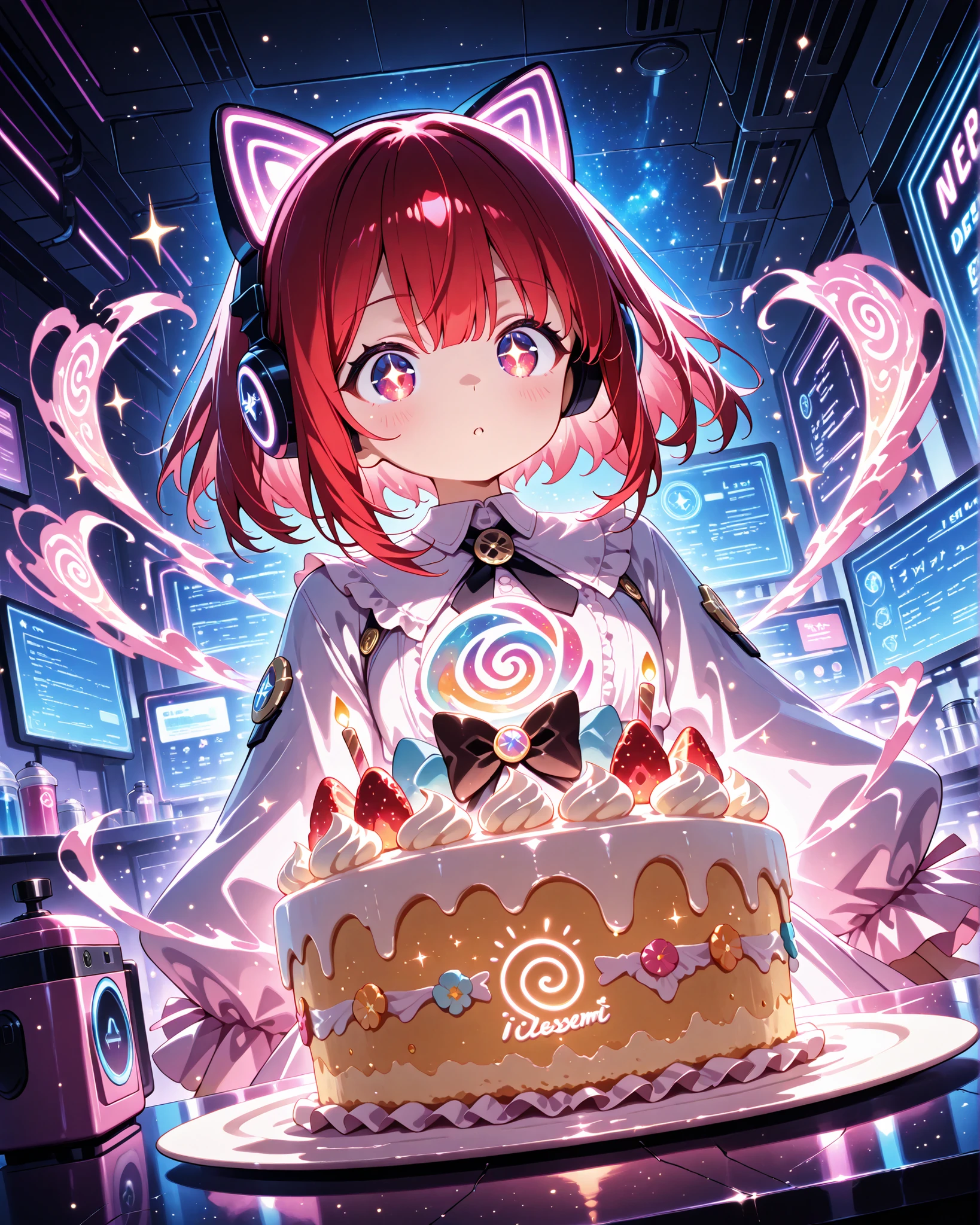 masterpiece, ultra detailed, 4k resolution, cinematic lighting, dynamic angle, perfect anatomy, In a vibrant futuristic kitchen lit by soft neon lights, iJessy — a stylish, red-haired virtual influencer with glowing cat-ear headphones — stands confidently. On the counter in front of her, a simple dessert begins to glow and float as she waves her hand. With a swirl of pastel energy, the dessert transforms dramatically: a scoop of vanilla ice cream morphs into a galaxy-themed cake, sparkling with edible stars and shifting colors. iJessy smiles playfully at the camera, her eyes twinkling as she presents the magical dessert. The scene is filled with particles floating in the air, animated UI elements, and a holographic “Dessert Upgrade Complete” notification. Cute, colorful, futuristic — perfect for the iJessy universe