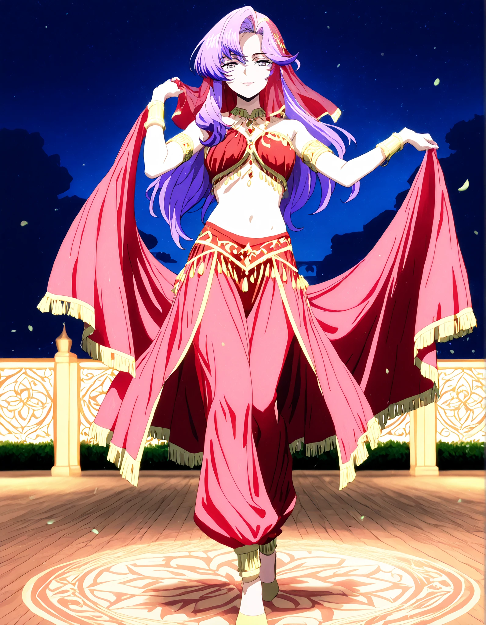 (1girl:1 . 5) , (Seul:1 . 5) , score_9 , score_8_haut , score_7_haut , source_anime , Official work  , ultra-detailed , masterpiece , better quality , high resolution , beaux yeux , detailed eyes , Detailed face , beautiful detailed eyes,long hair, purple hair, pink hair, multicolored hair, grey eyes,Cardfight Vanguard Divinez,Nao Inabe,Arabian Clothes , Arabian Dancer Outfit ,belly dancer costume,belly dancer outfit ,full body,golden jewelery,face veil,armlet, belly dancing,night,arabian garden,seductive smile, dancing with veil, dynamic movement,dance posture, seductive pose