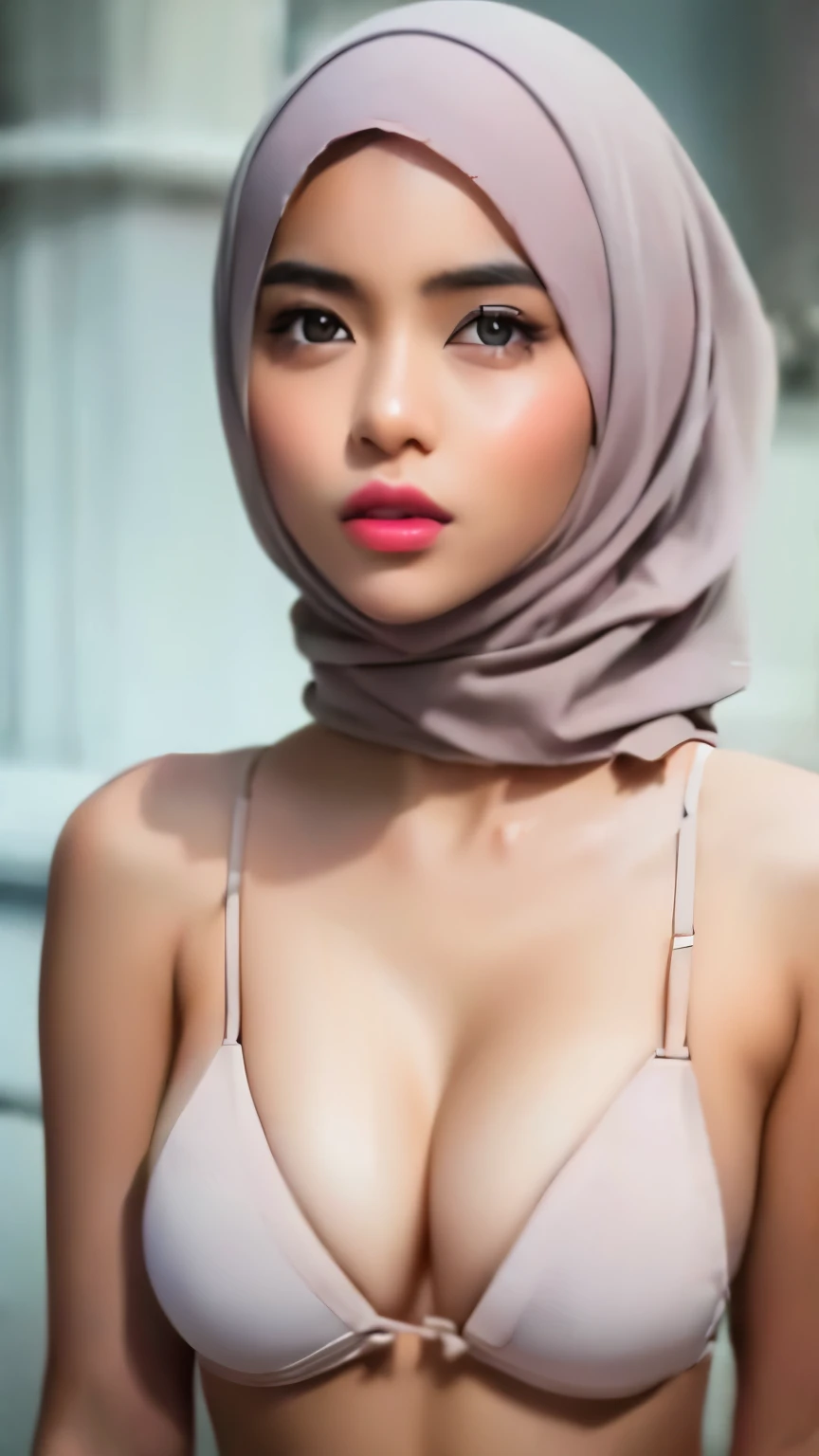 Masterpiece, RAW Photo, High-Quality, Photorealistic, in framing medium shot of (Malay girl in hijab:1.3), wearing (white bra:1.2), subtle make up, delicate facial features, detailed smooth skin textures, lustrous black eyes, delicates cherry lips, medium breast, alluring expression, simple background, studio lighting, high contrast, soft shadows, key light, cinematic depth of field, 8K, UHD, (realistic:1.5)
