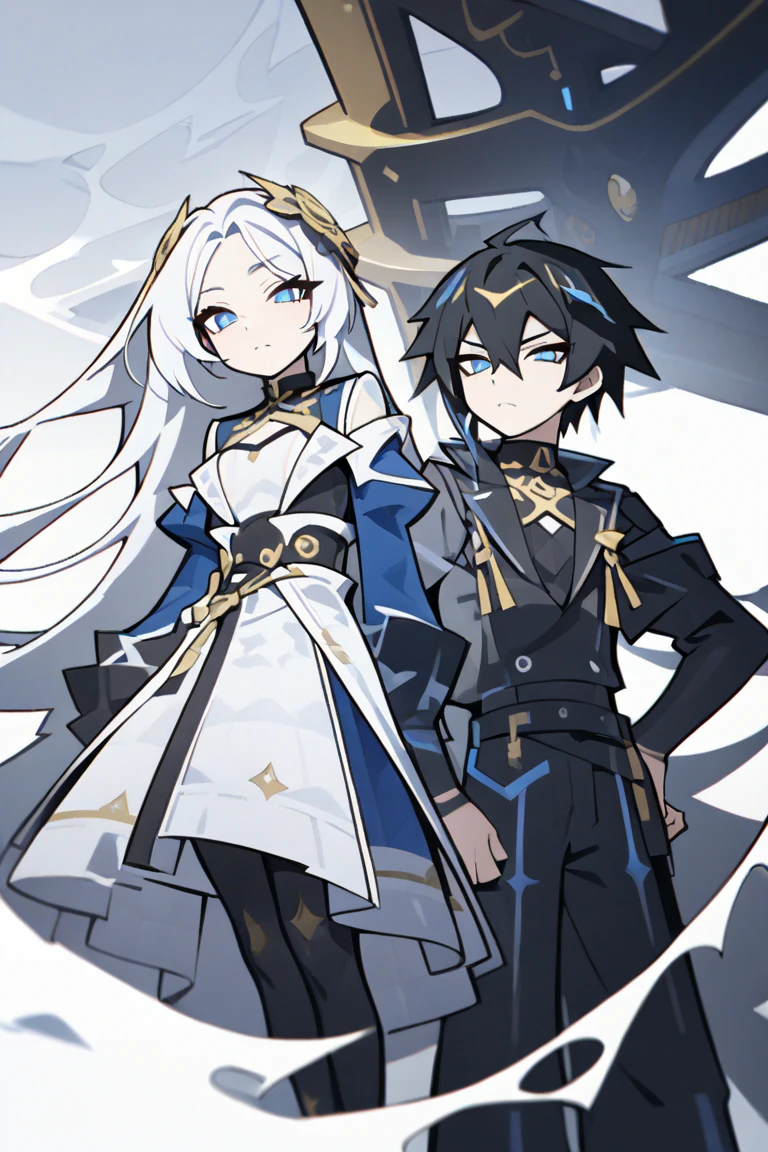 masterpiece, best quality, 2 girls, variety of hairstyles, fantasy costume, ((white background)), full body, multiple views, anime style, uniform, cape,